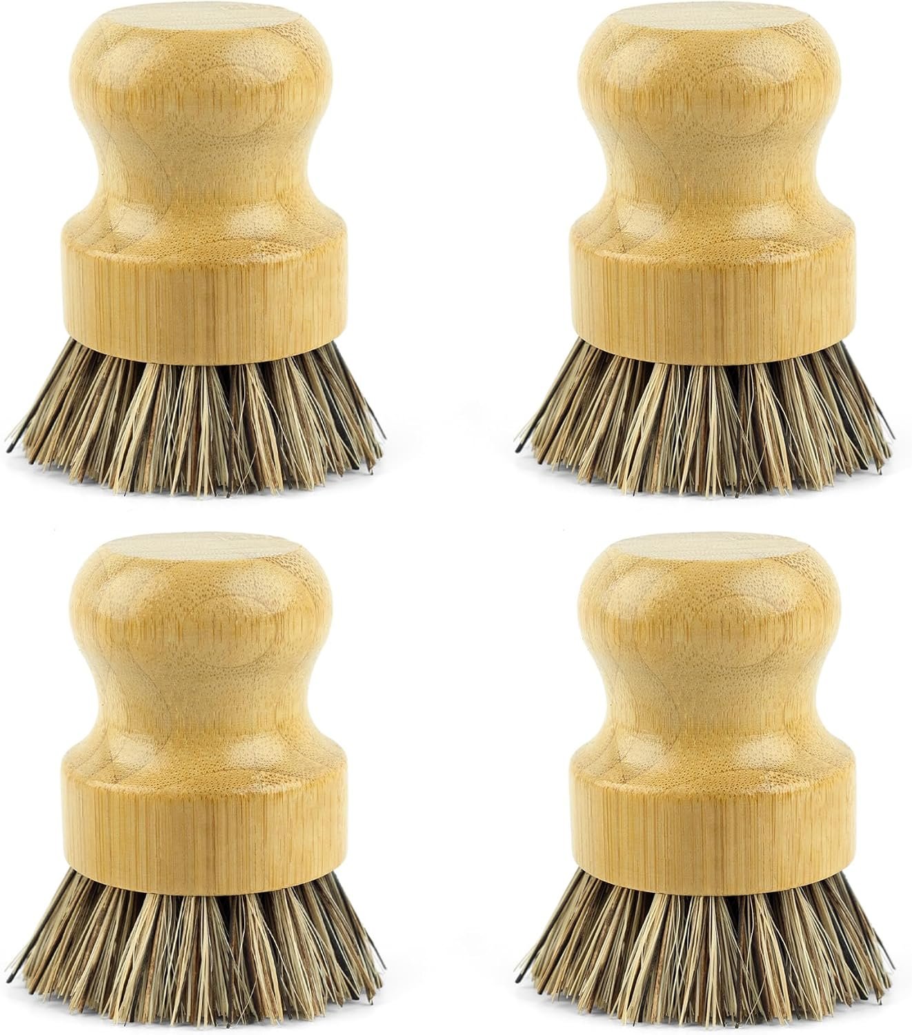AUEAR, Natural Bamboo Dish Scrub Brush Cleaning Pot Scrubber Brushes Coconut Bristles for Cast Iron Skillet Pots Pans (4 Pack)