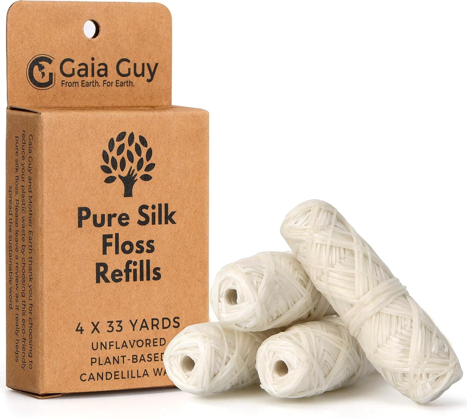 Gaia Guy Silk Dental Floss Refill | Unflavored Natural Silk | 4 spools x 33yds | Compostable, Sustainable & Biodegradable Silk Flossing Thread & Eco-Friendly Packaging