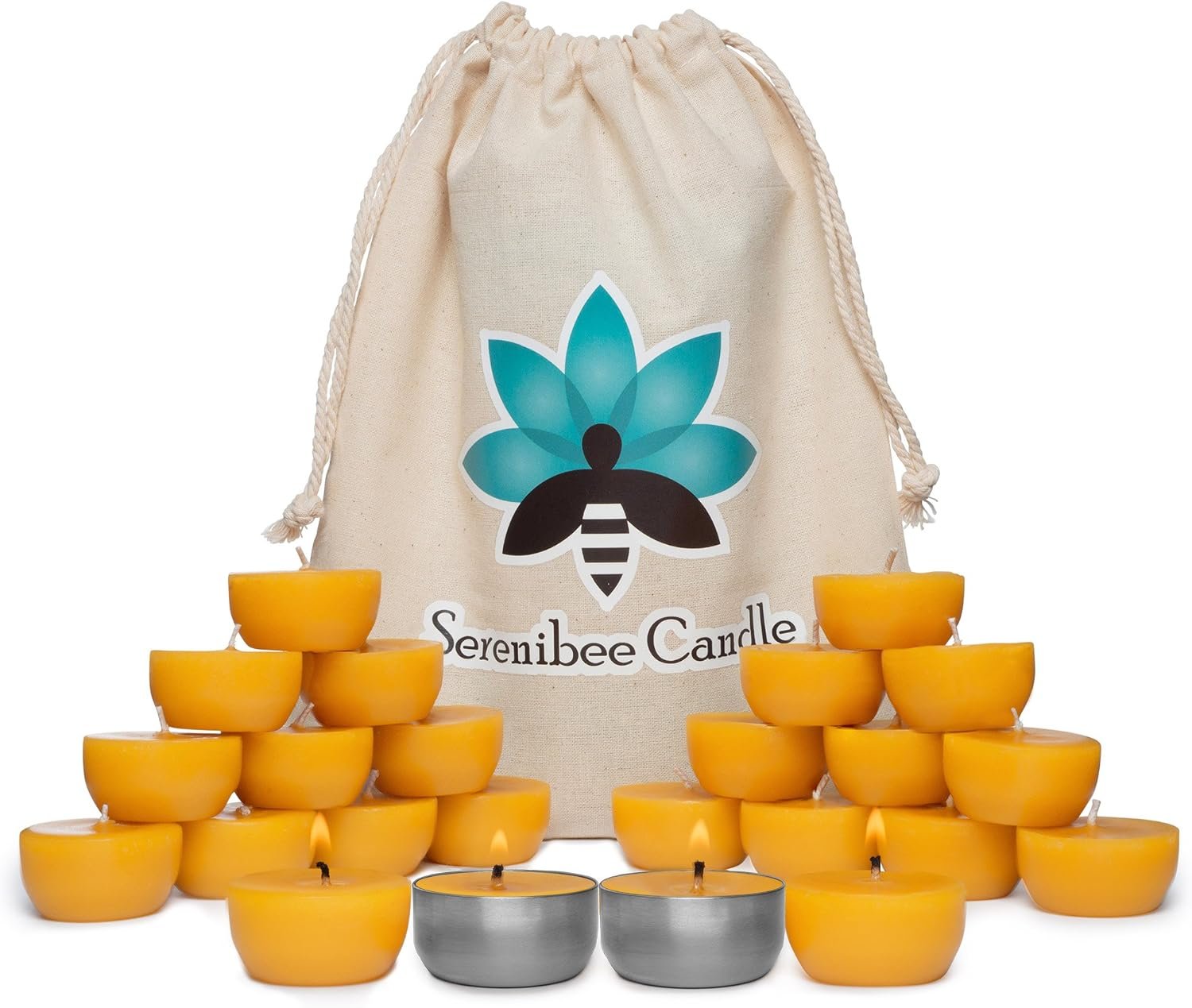 Serenibee Beeswax Tea Light Candles Refills with Two Custom Reusable Sturdy Steel Candle Holders and Reusable Cotton Bag Eco Friendly Gift Set(24)