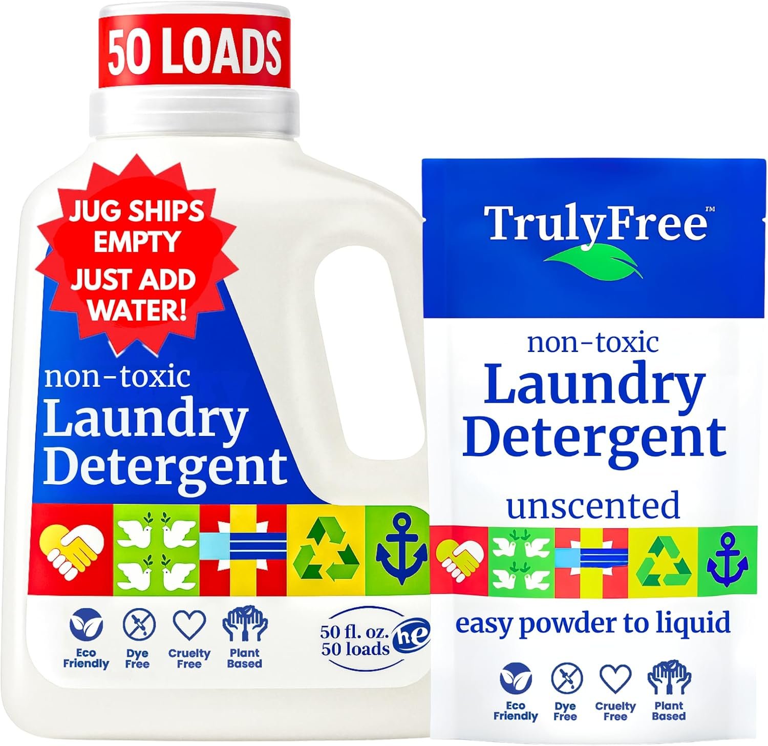 Truly Free Natural Laundry Detergent – 1 Pack + 1 Jug, Unscented, 50 Loads