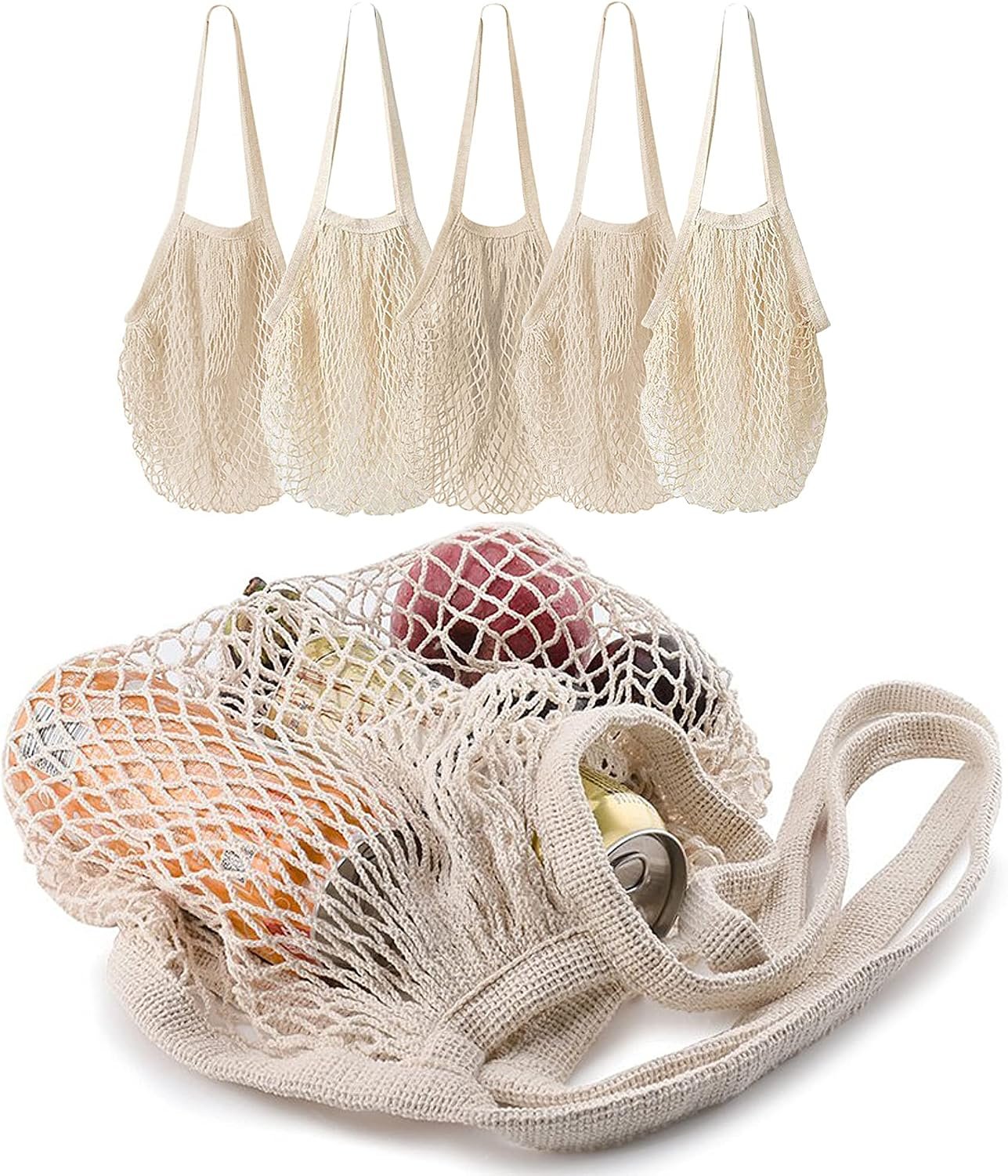 5 pack Cotton String Shopping Bags Reusable Washable Grocery Mesh Bags Organizer for Grocery Shopping Produce Net Bags with Longhandle for Fruit Vegetable Storage