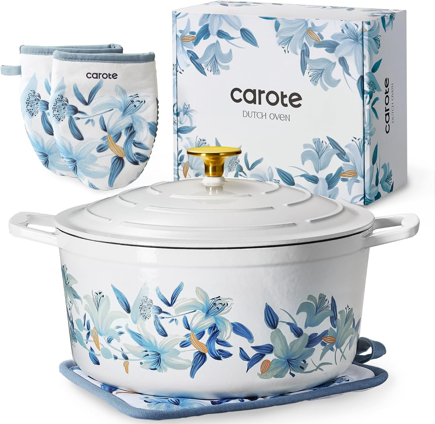 CAROTE 7QT Enameled Cast Iron Dutch Oven Pot with Lid, White & Blue