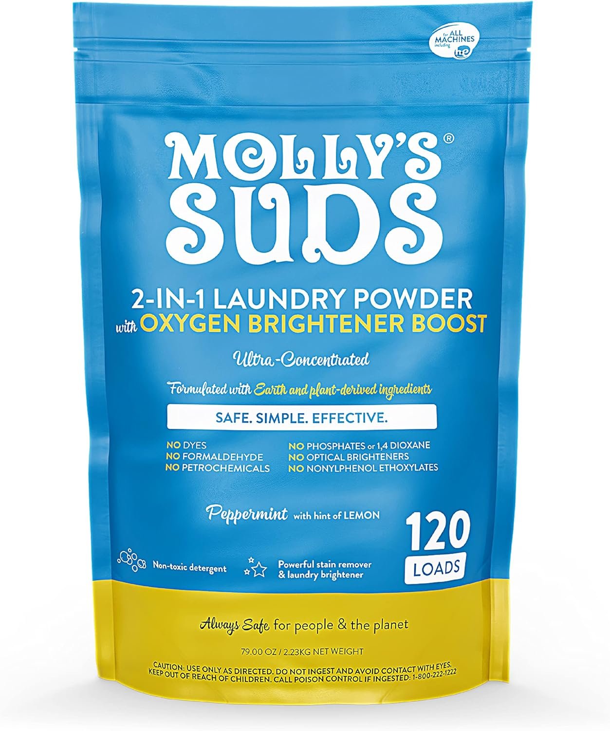 Molly’s Suds 2-in-1 Original Laundry Powder with Oxygen Brightener Boost | Clean Laundry Detergent & Stain Remover | Peppermint with Hint of Lemon, 120 Loads