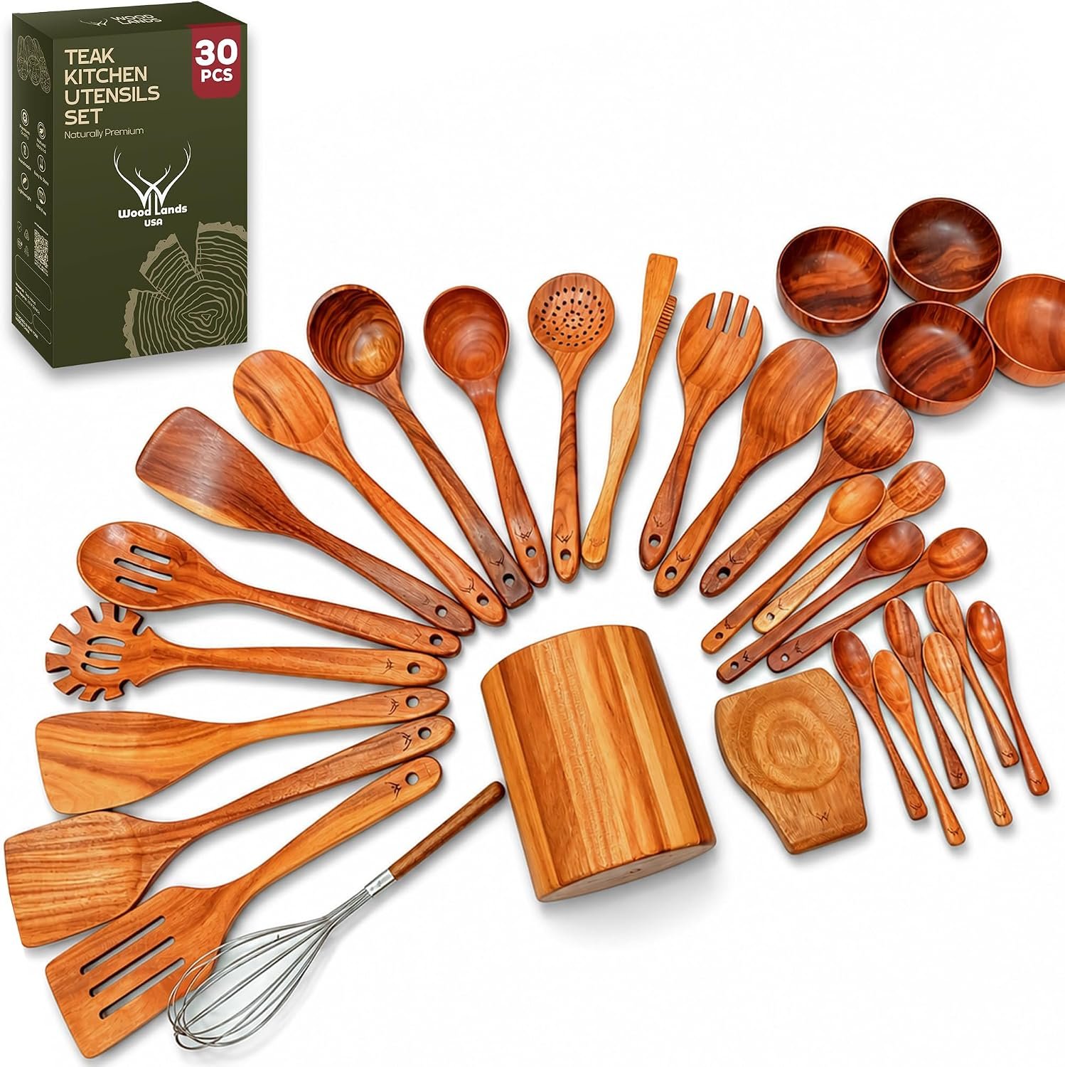 30 Pcs Teak Wooden Utensil Set – Premium Cooking Utensils Set, Natural Wooden Spoons for Cooking – Sturdy Kitchen Utensils & Cooking Spoons for Every Chef