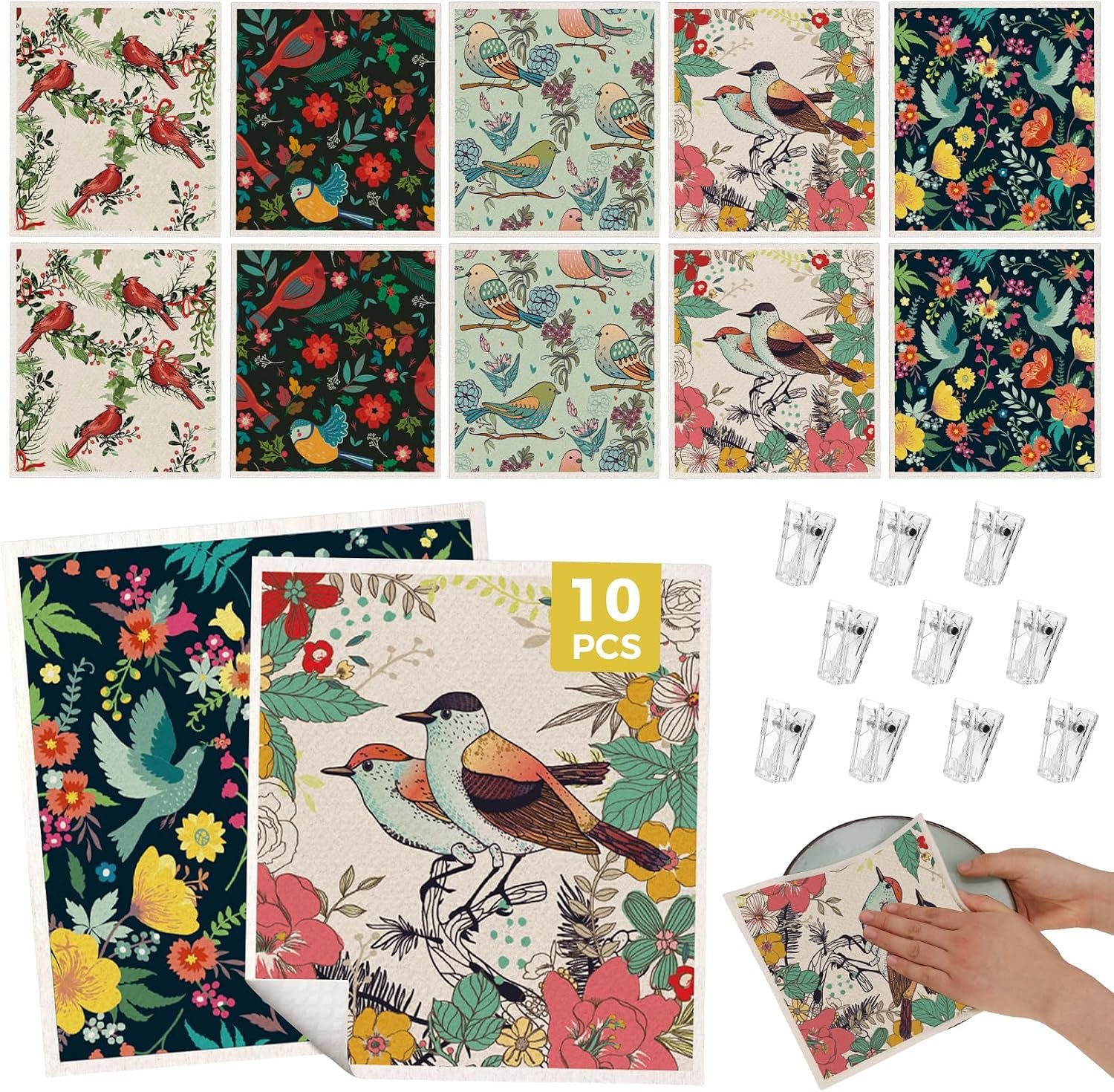 wlich 10 Pack Swedish Dishcloths, Reusable Kitchen Towels, Birds Flowers