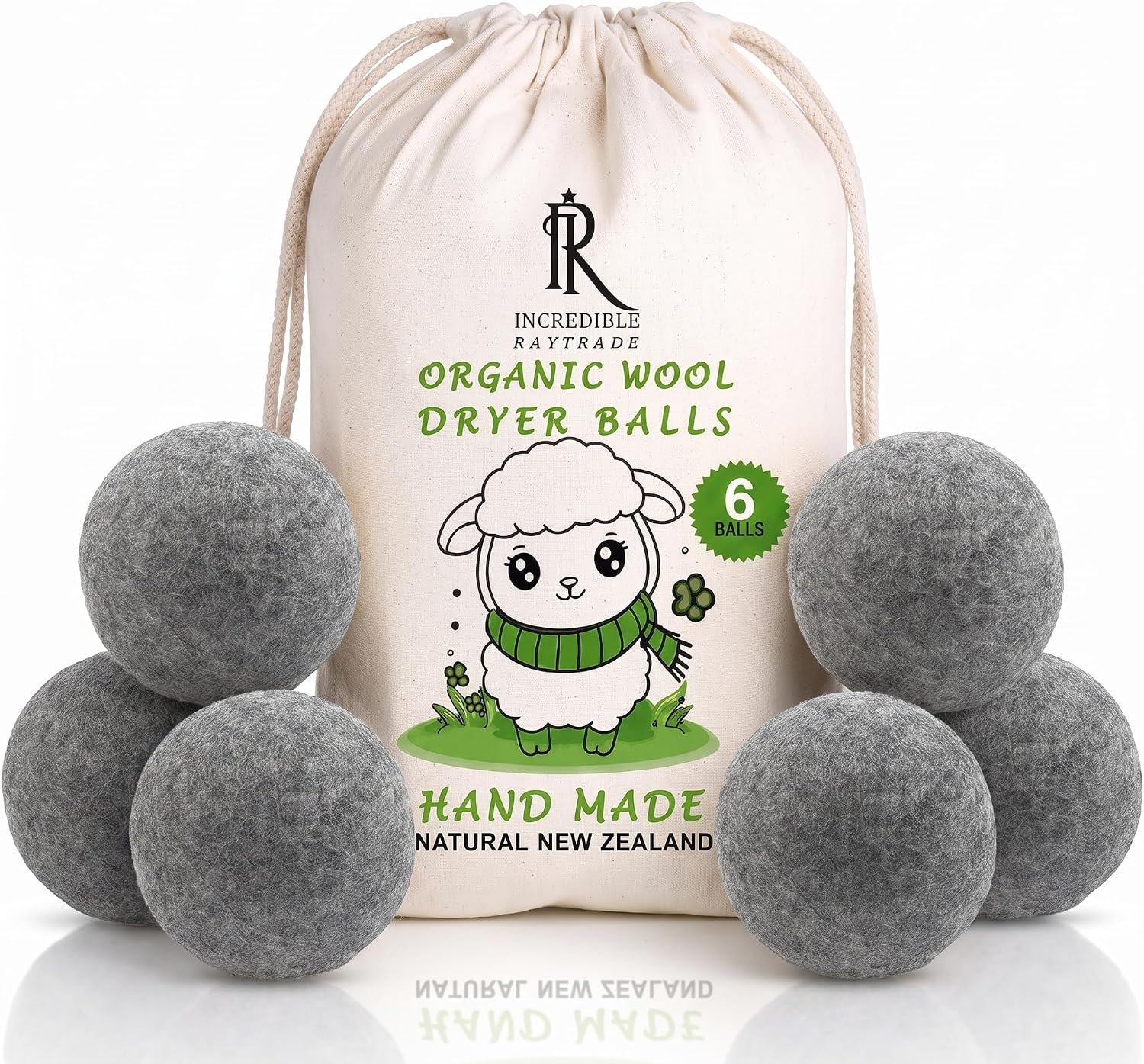 RAYTRADE Premium Wool Dryer Balls 6-Pack 100% Natural New Zealand Wool Reduces Clothing Wrinkles and Saves Drying Time Reusable Natural Fabric Softener Stocking Stuffer Gifts (Gray)