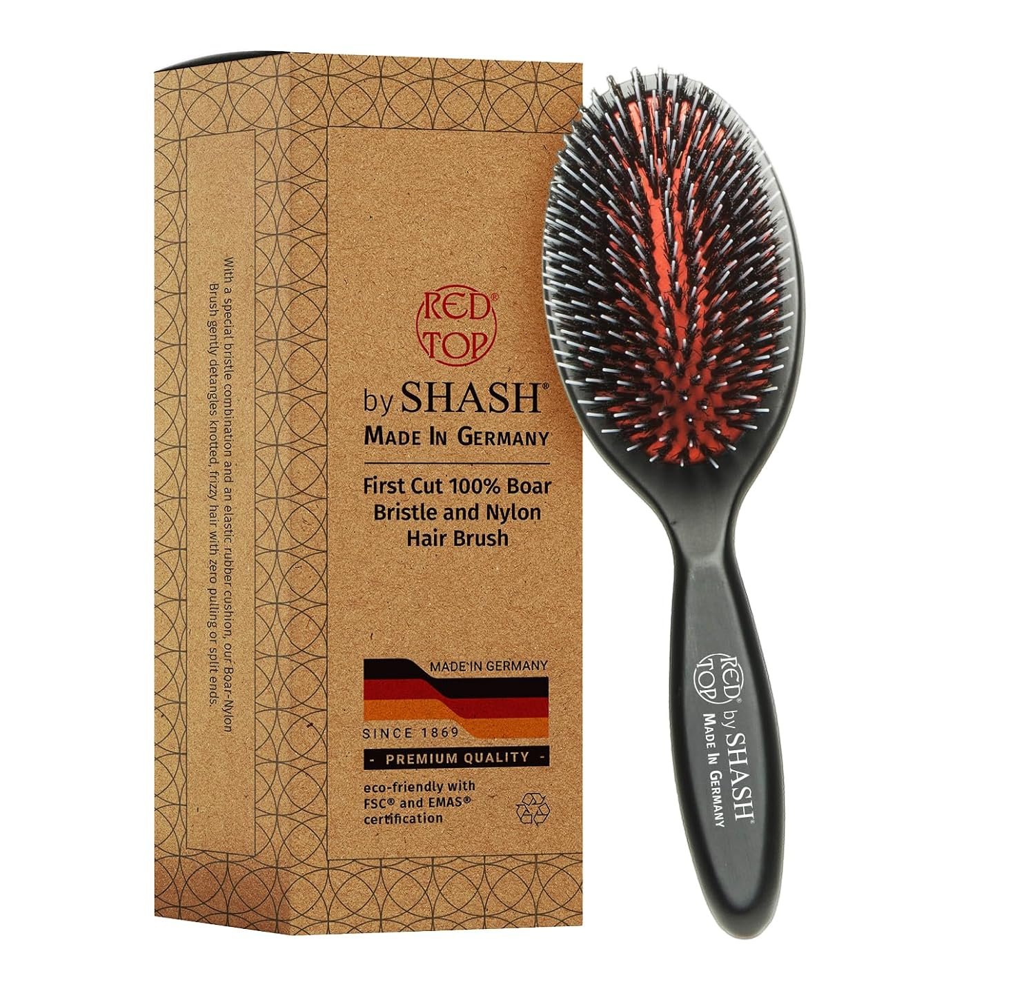 SHASH Since 1869 Hand Made In Germany – Nylon, 100% First Cut Boar Bristle Brush Suitable For Normal to Thick Hair – Gently Detangles, No Pulling or Split Ends – Softens Improves Texture, (Medium)
