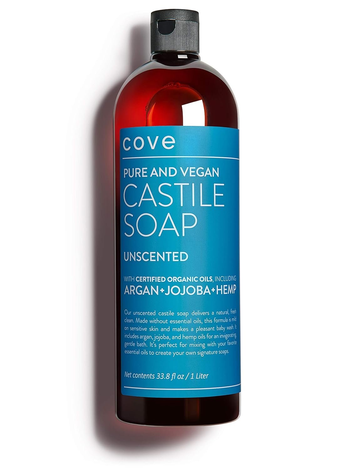 Cove Castile Soap Unscented – 1 Liter / 33.8 fl oz – Organic Argan, Jojoba, and Hemp Oils