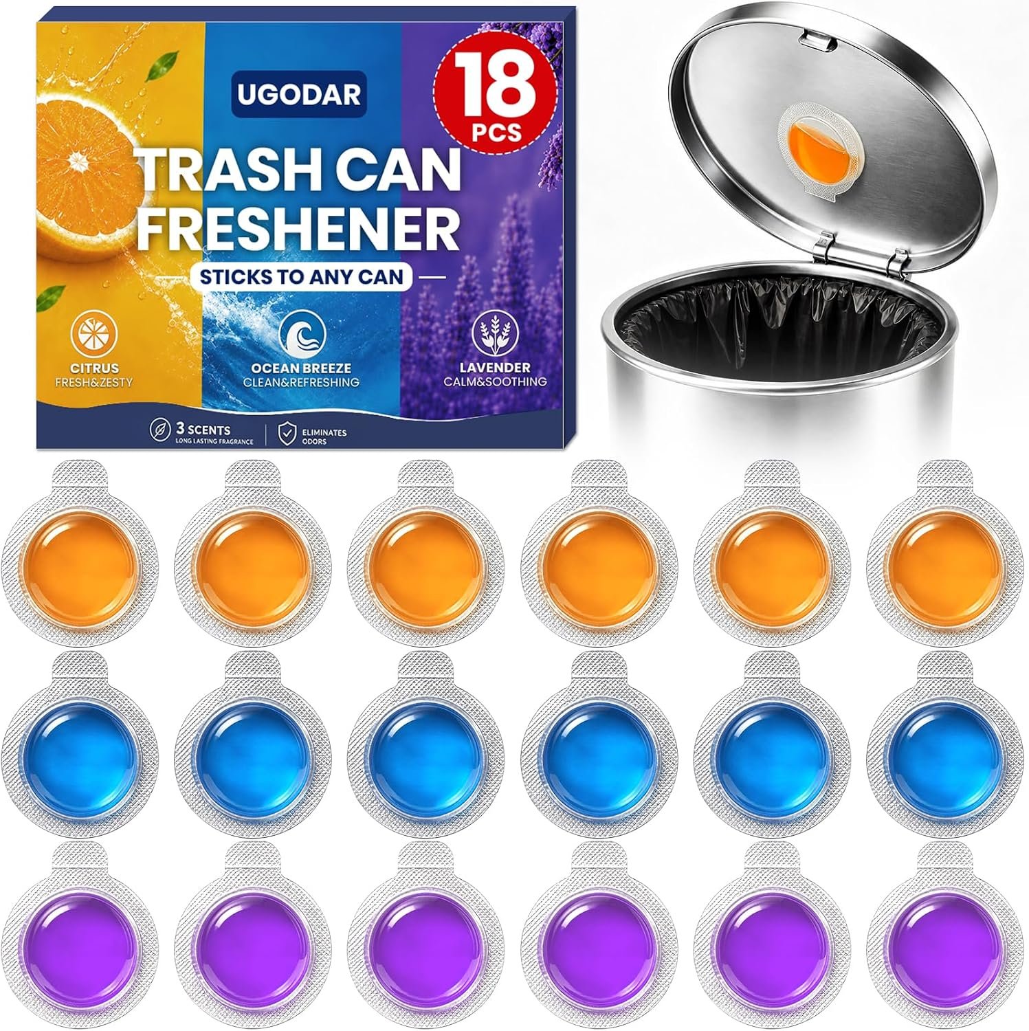 18 Pack Trash Can Deodorizer, Stick-On Air Freshener, 3 Fresh Scents