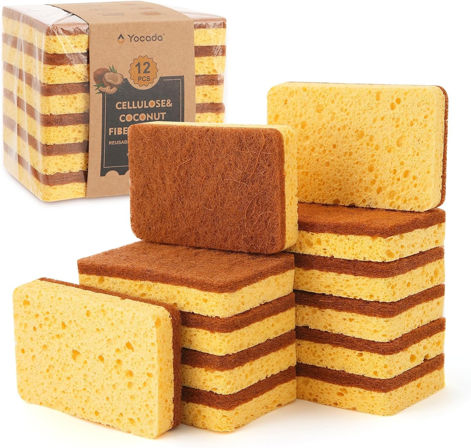 Yocada Cellulose Sponge 12 Pack Biodegradable Natural Kitchen Sponge