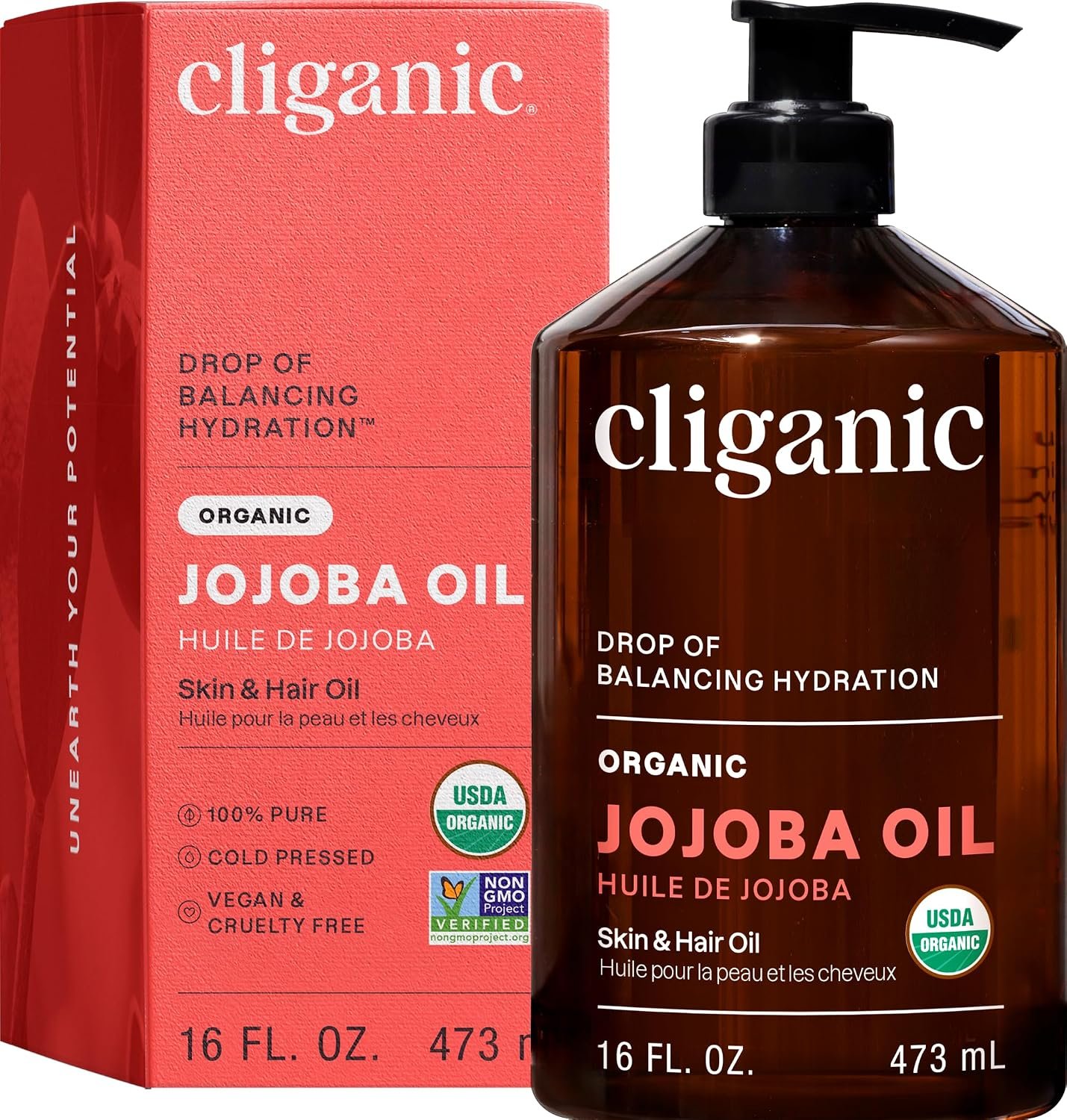 Cliganic Organic Jojoba Oil, 100% Cold Pressed for Face, Hair & Skin 16oz