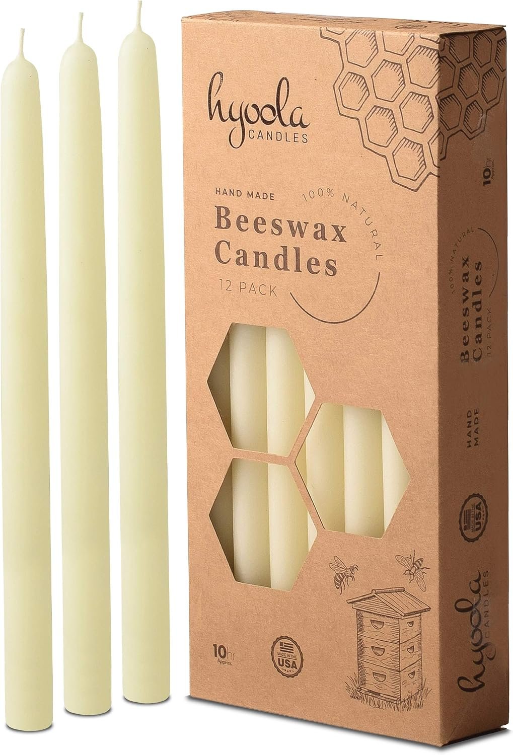 Hyoola 10″ Beeswax Taper Candles 12 Pack – Handmade, All Natural, 100% Pure Unscented Bee Wax Candle – Tall, Decorative, White – 10 Hour Burn Time