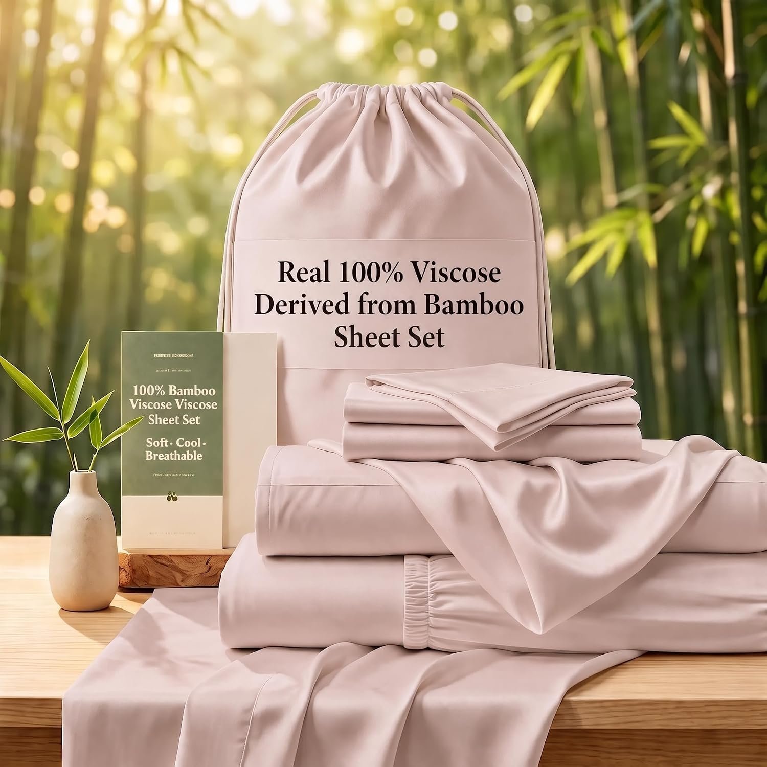 TWK Real 100% Viscose Derived from Bamboo Sheets Set King Size, Cooling & Silky Soft for Hot Sleeper, Breathable & Moisture Wicking Fabric, 18″ Deep Pocket with Corner Straps (Sand, King)