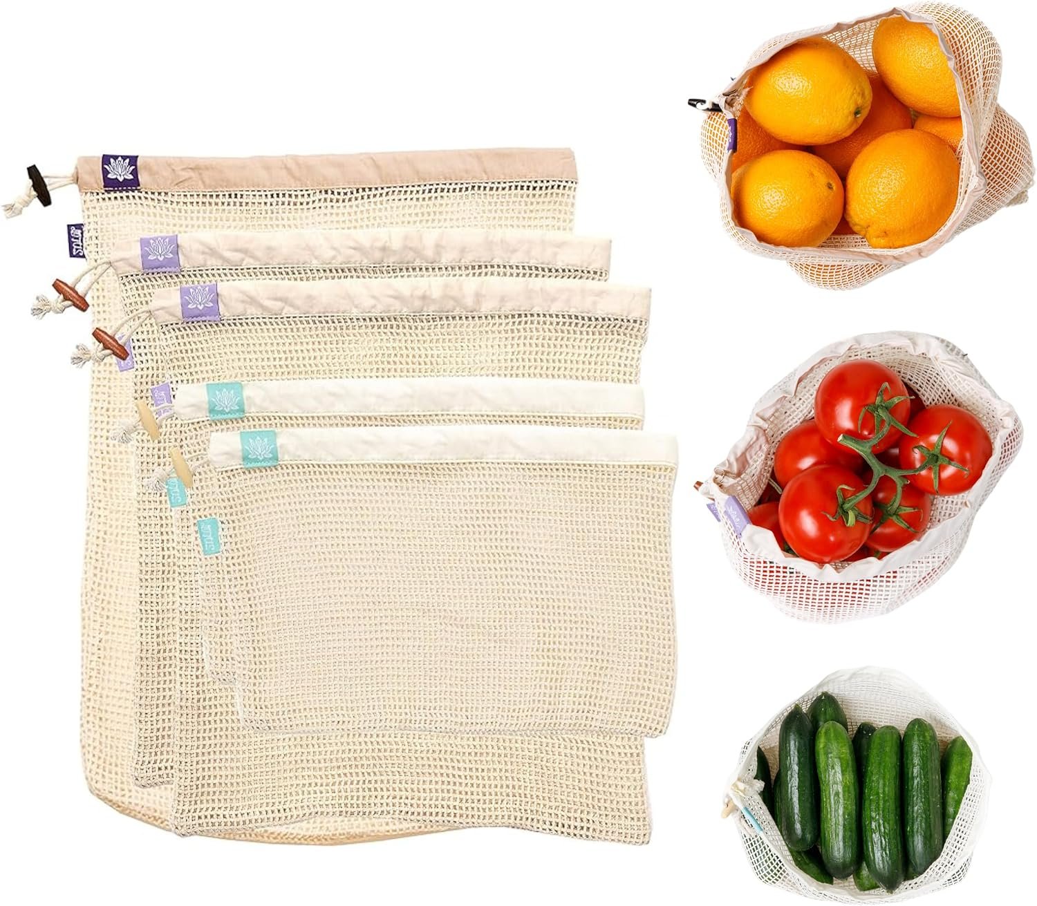 Lotus Reusable Produce Bags – Organic Cotton Washable Produce Mesh Bag for Vegetable Storage, Eco Friendly Reusable Produce Storage Fruit Bag Mesh for Groceries (3 Size Cloth Bags)