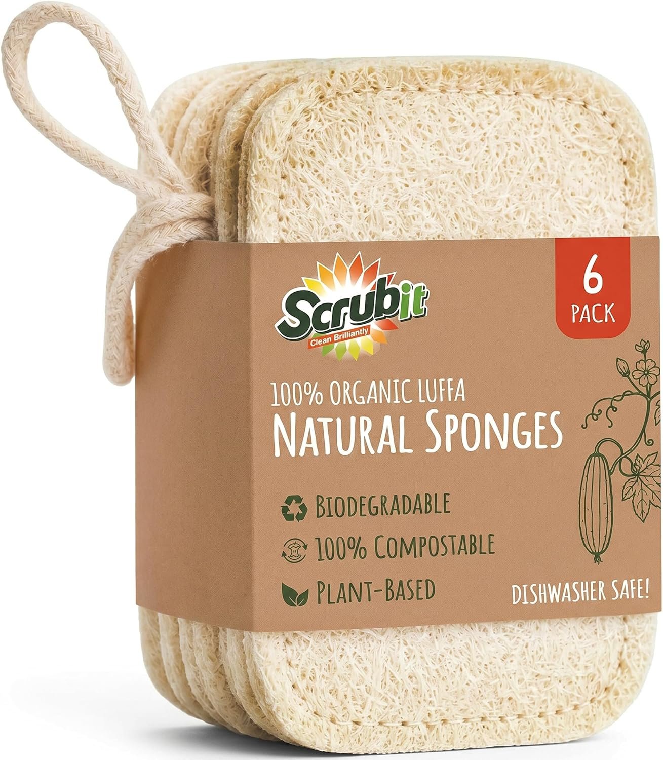 Natural Loofah Dish Sponge 6-Pack Biodegradable Sponges for Kitchen