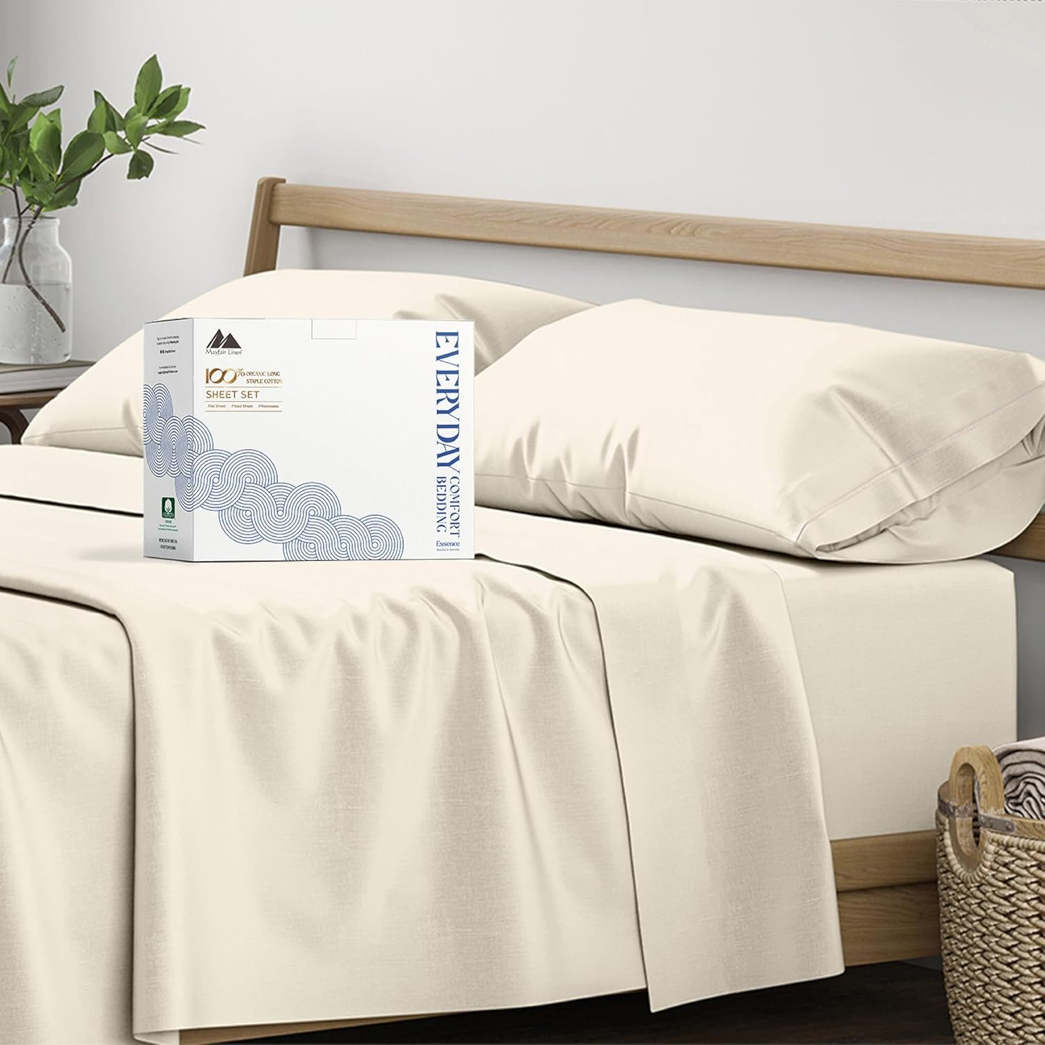 Mayfair Linen Organic Cotton Sheets Queen Size, 16″ Deep Pocket, Ivory