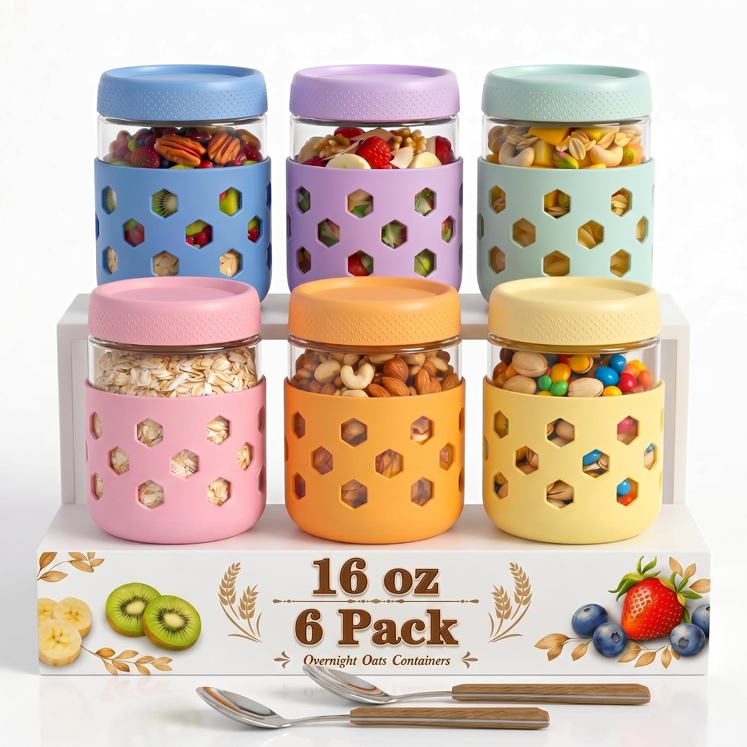 6-Pack 16 oz Overnight Oats Jars with Lids & Silicone Sleeves – Airtight Glass Mason Jars, Food Storage, Wide Mouth Meal Prep Containers for Chia Pudding, Yogurt, Berries & Snacks (Include Spoons)