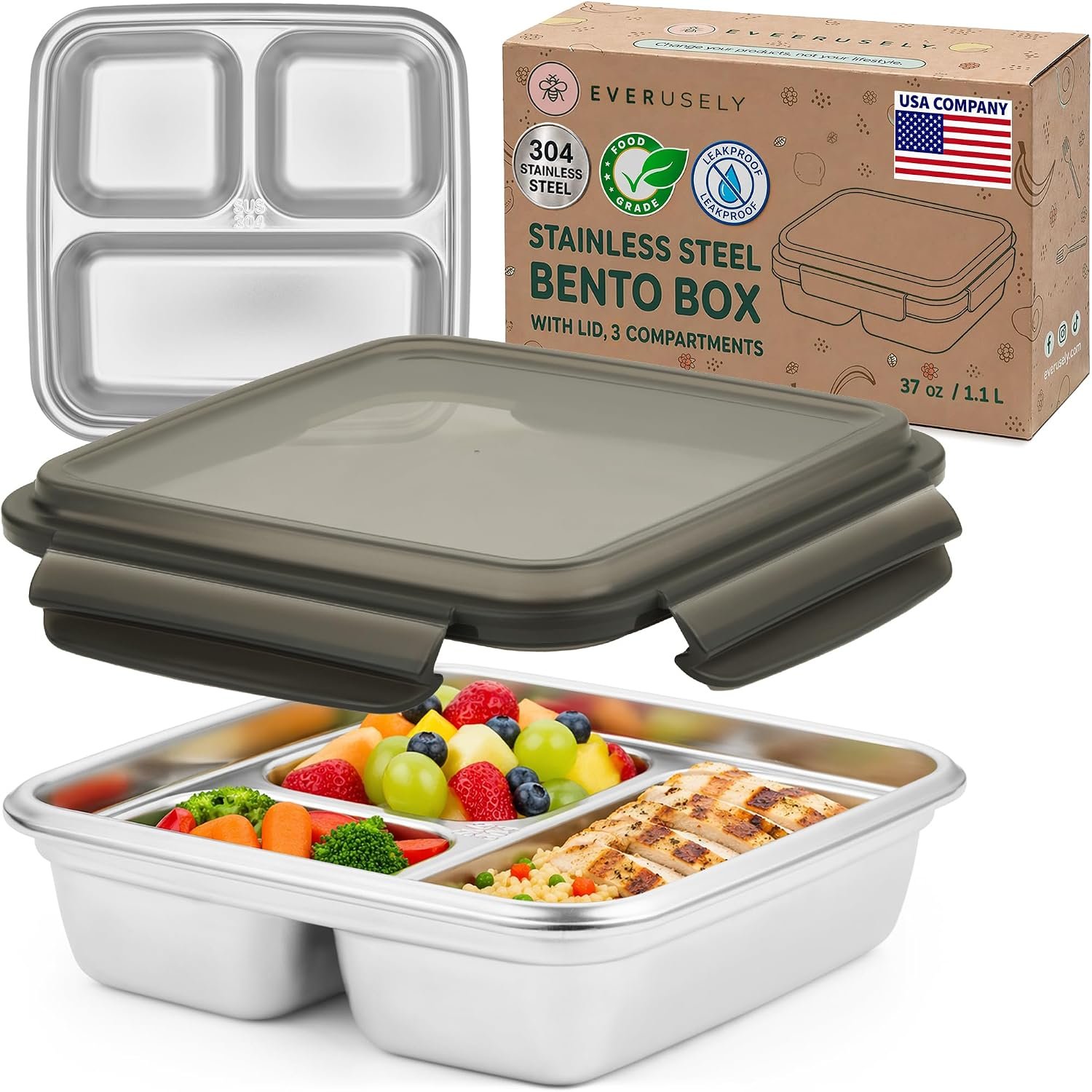 Everusely Stainless Steel Bento Box, Metal Lunch Container, 1100 mL