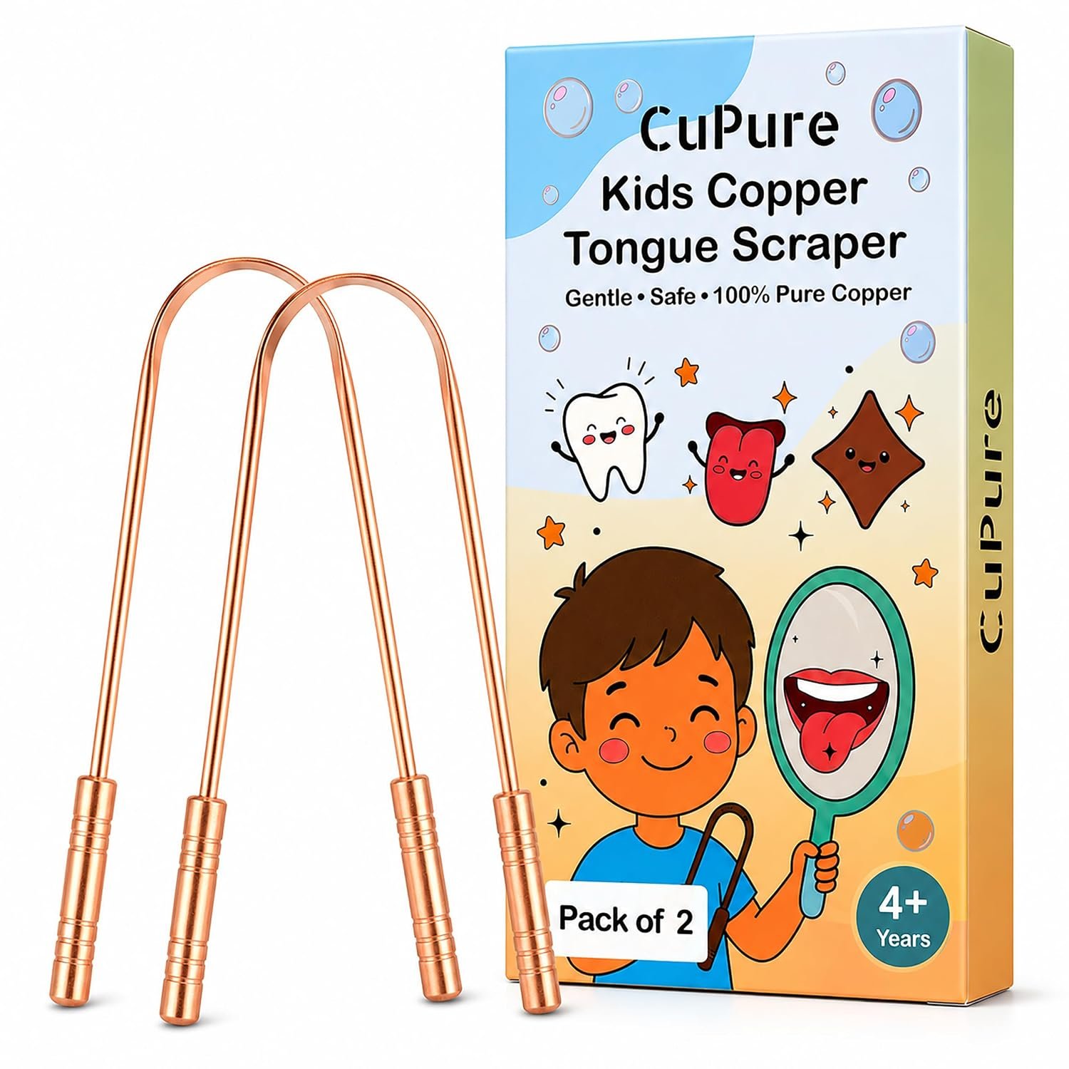 Tongue Scraper for Kids, Pack of 2 – Kid-Sized 99.9% Pure Copper Tongue Cleaner for Children Ages 4+, Plastic-Free Ayurvedic Oral Care