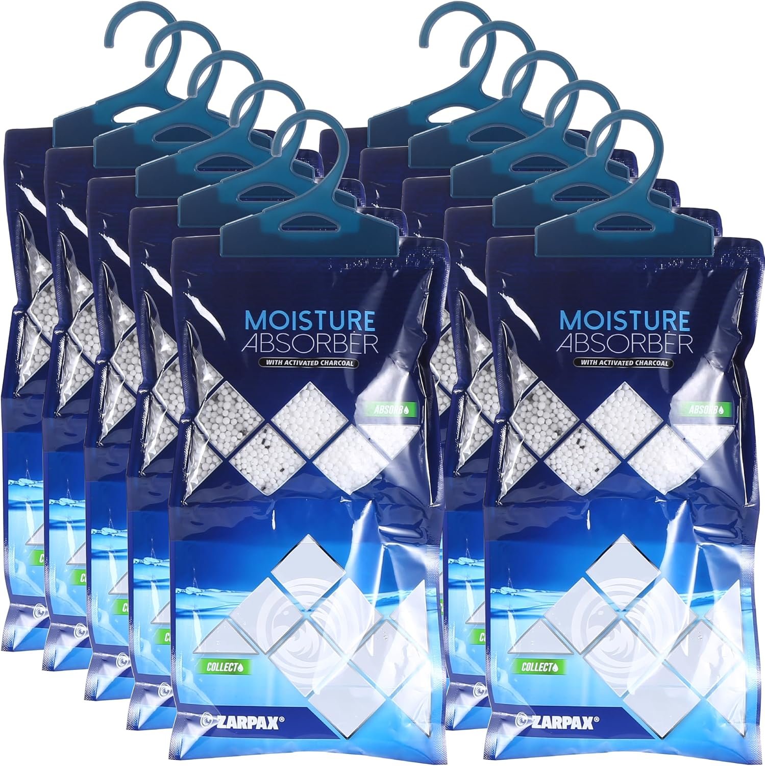 ZARPAX Hanging Moisture Absorber Bags Activated Charcoal 10.5oz – Set of 10