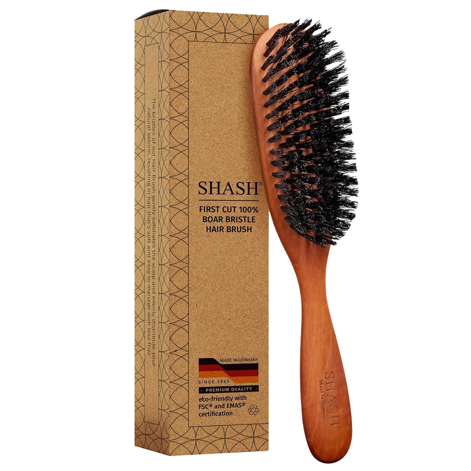 SHASH Classic German First Cut 100% Boar Bristle Hair Brush Since 1869 – Conditions Hair, Improves Texture, Exfoliates Scalp, Fine to Normal not for Coarse hair!
