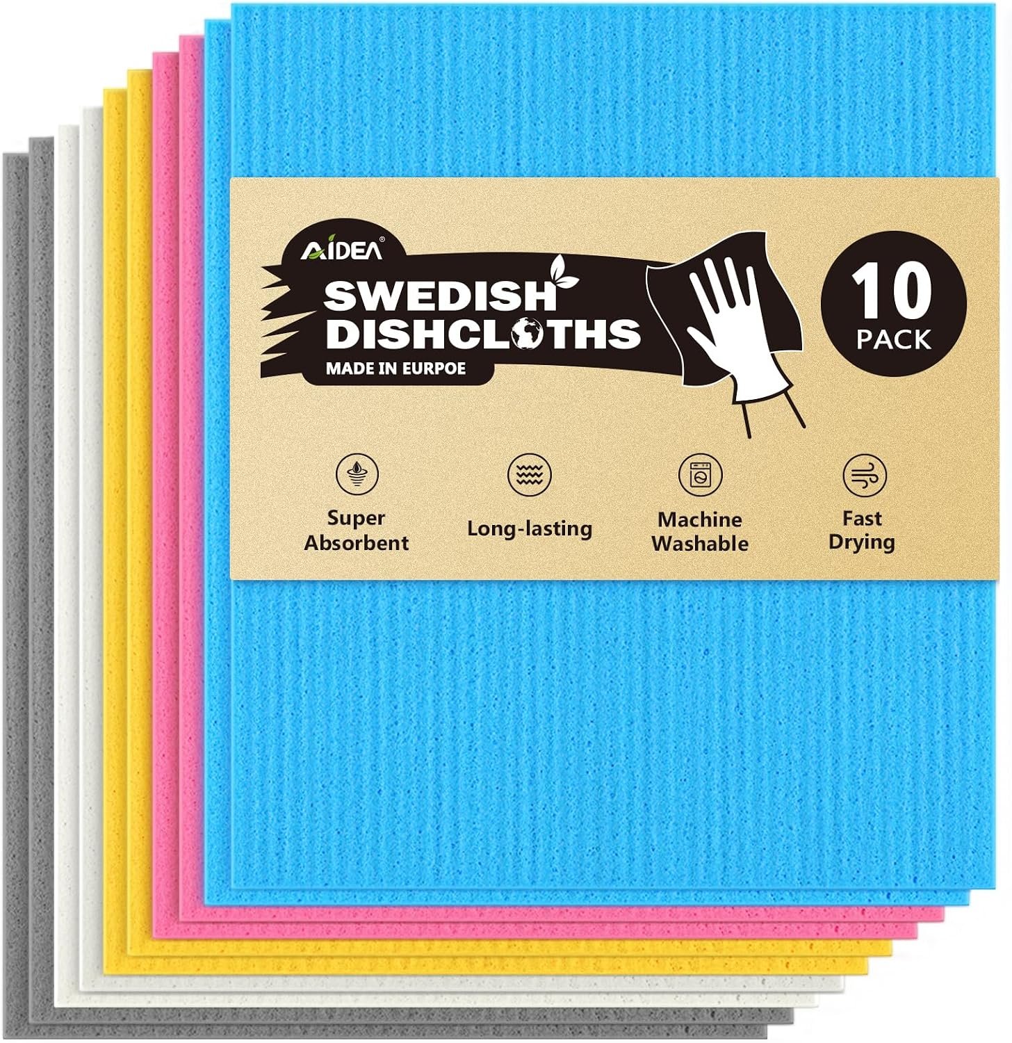 AIDEA Swedish Dishcloths for Kitchen-10PK, Reusable Paper Towels 7″ x 6″