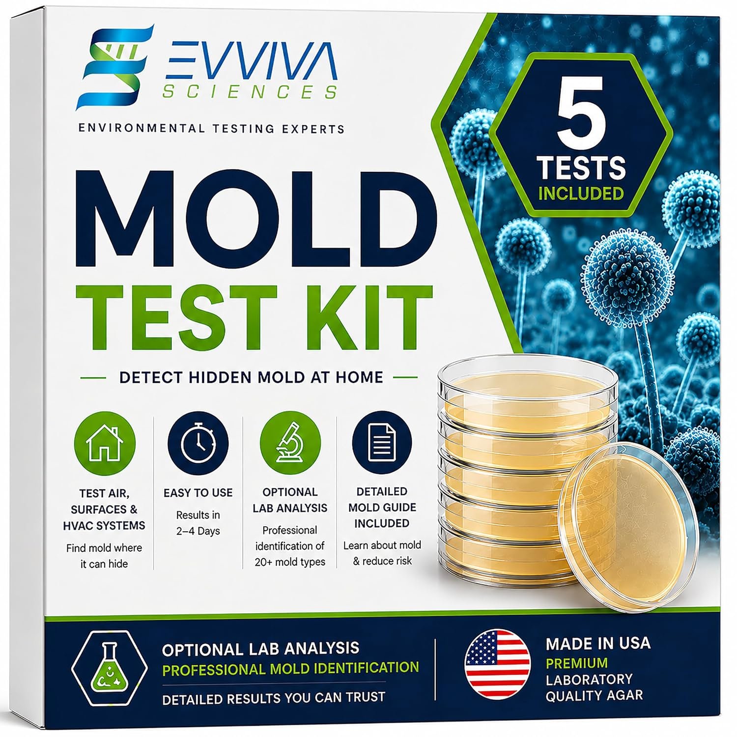 Evviva Sciences Mold Test Kit for Home – 5 Simple Detection Tests w/Optional Lab Analysis (Extra Fee), Test HVAC System, Home Surfaces, & Indoor Air Quality – Downloadable Mold Information Guide