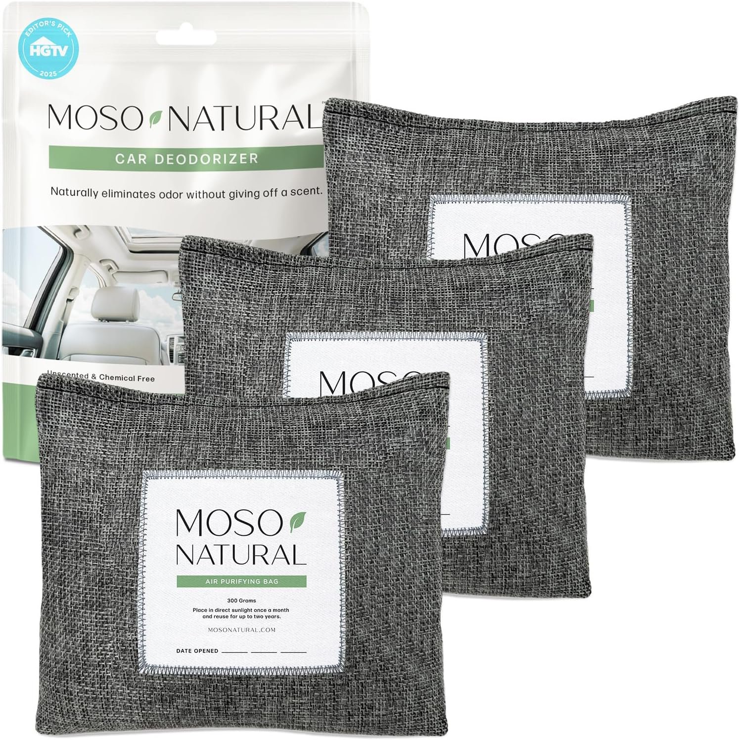 Moso Natural Car Odor Eliminator & Charcoal Odor Absorber (3 Pack) Bamboo Charcoal Air Purifying Bag for Cars, Trucks, SUVs, RVs & Boats — Unscented Deodorizer, Lasts 2 Years, HGTV Editors’ Pick