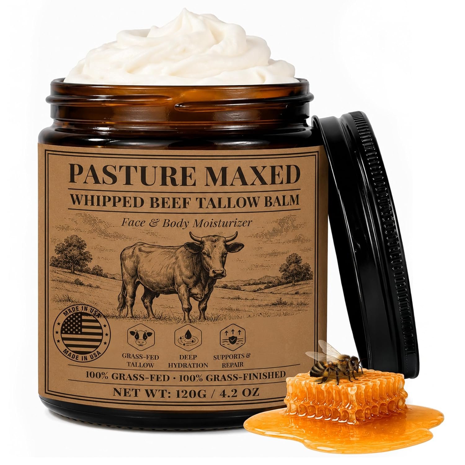 Grass-Fed Beef Tallow for Skin, Honey Balm, Unscented, 4 oz