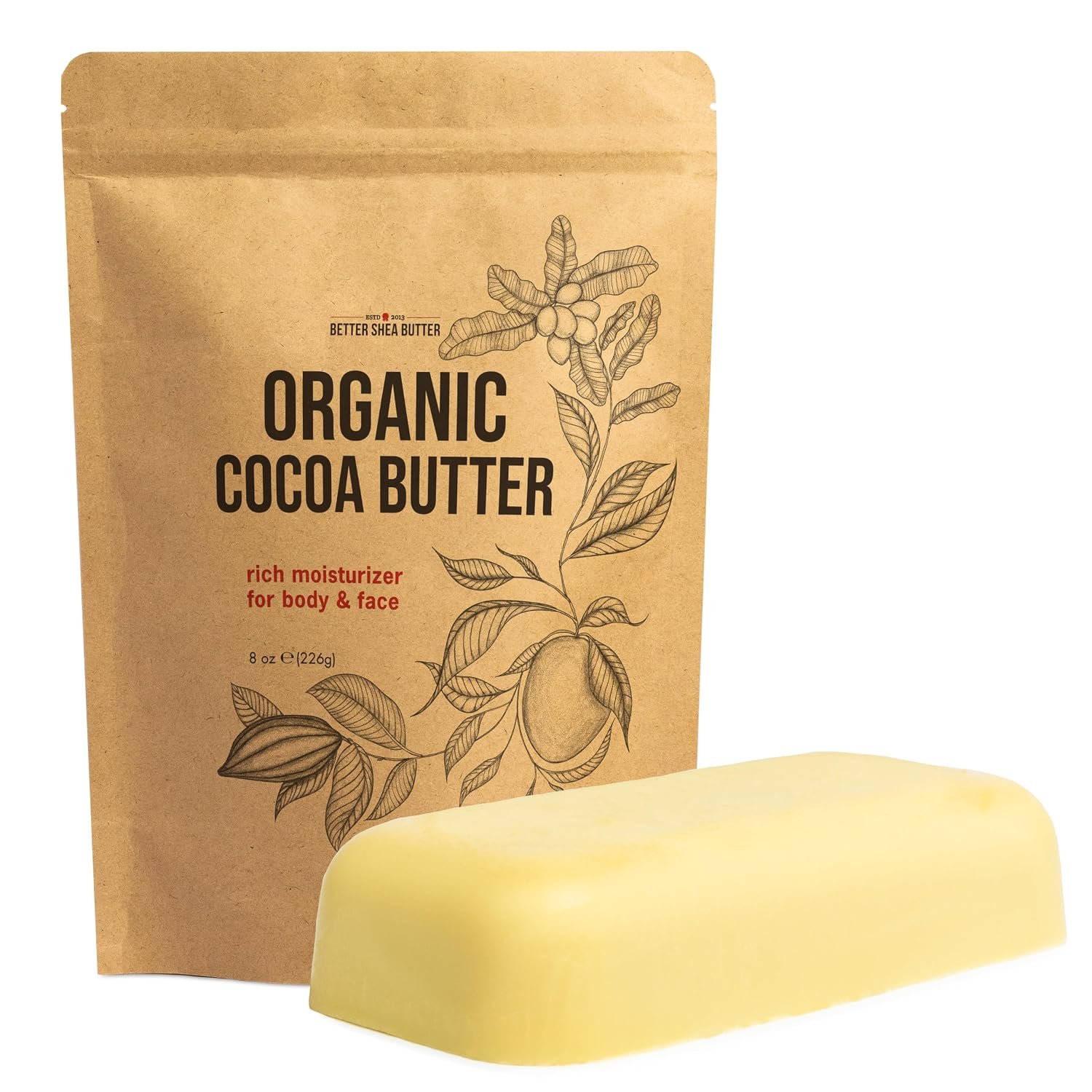 Organic Cocoa Butter Raw Unrefined – Food Grade USDA Certified – for Scars, Stretch Marks Cream – 100% Cocoa Butter Raw Organic for Skin Moisturizer, Lip Balm 8 oz