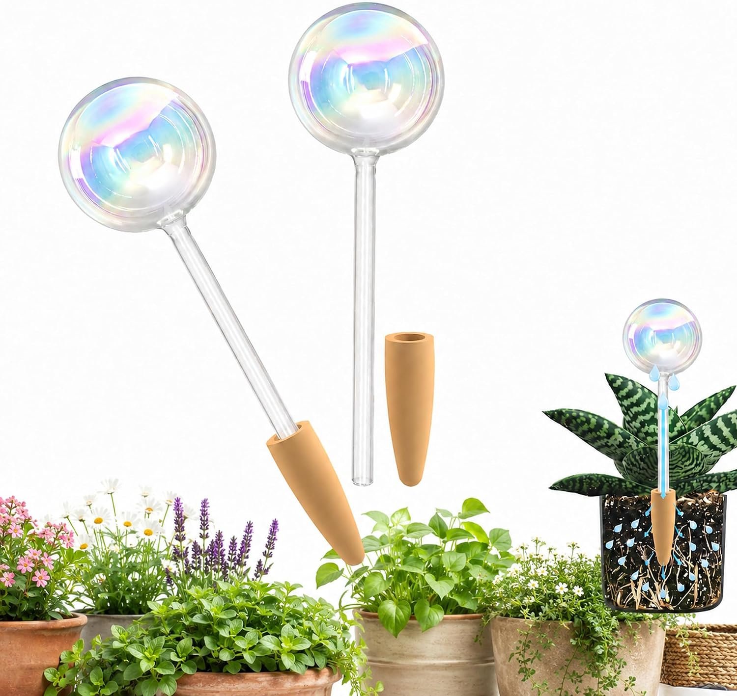 HyJeryty Non-Clogging Iridescent Ball Plant Watering Globes with Terracotta Spikes, Hand Blown Glass Self Watering Planter Insert, Watering Bulbs for Indoor Small & Medium Potted Plants (2 Pack)
