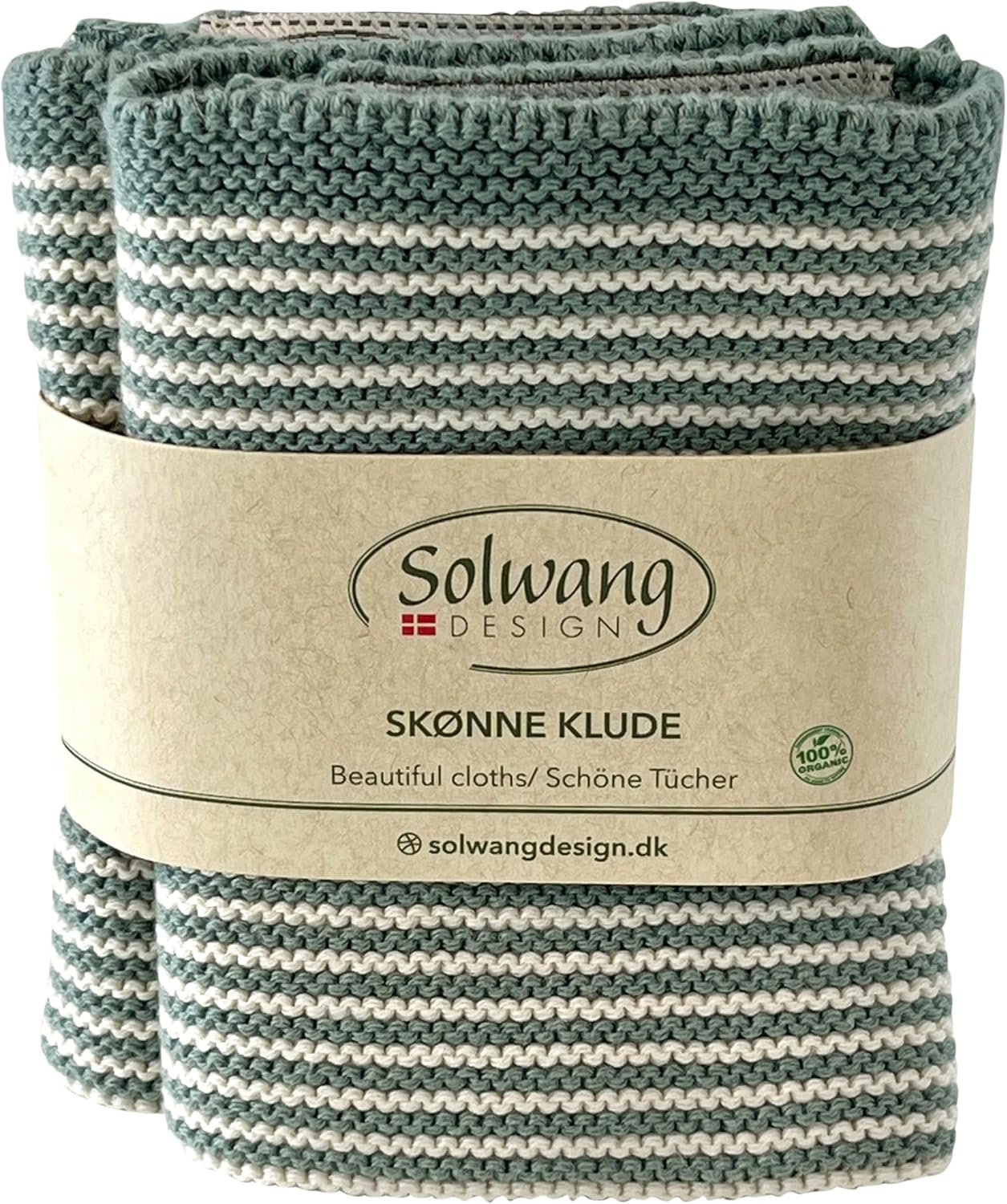 Solwang 2-Pack Striped 100% Certified Organic Cotton Danish Washcloths/Dishcloths in Garter Stitch – Made in India 10″ Square (2-Pk Nature/Arctic Organic)