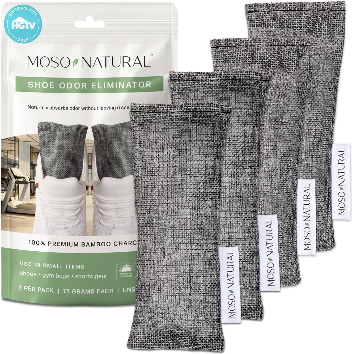 Moso Natural Shoe Deodorizer Inserts (2 Pack) Charcoal Odor Absorber for Shoes, Gym Bag & Boot Deodorizer, Unscented Shoe Odor Elimination, Air Purifying Bags, Lasts 2 Years (4 Bags)