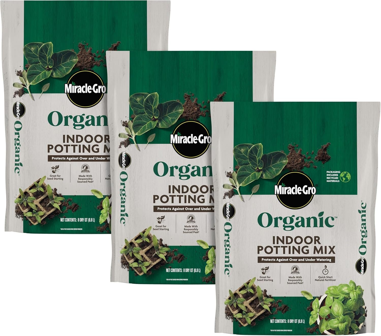 Miracle-Gro Organic Indoor Potting Mix – Protects Against Over and Under Watering, Planting Soil for Indoor Container Plants, Houseplants and Starter Plants, OMRI Listed, 8 qt. (3-Pack)