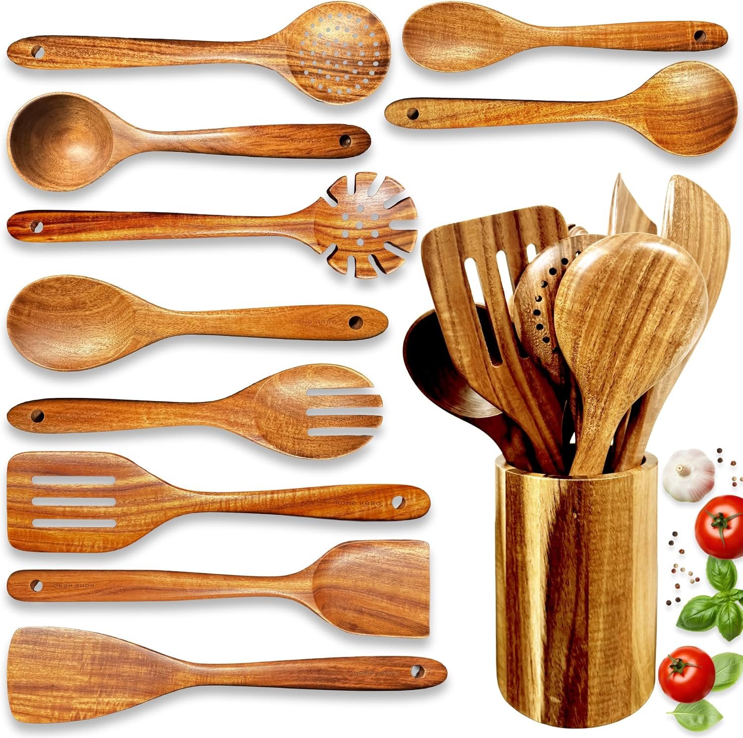 Home Hero 11-Piece Teak Wooden Utensil Set – Non-Scratch Cooking Utensils