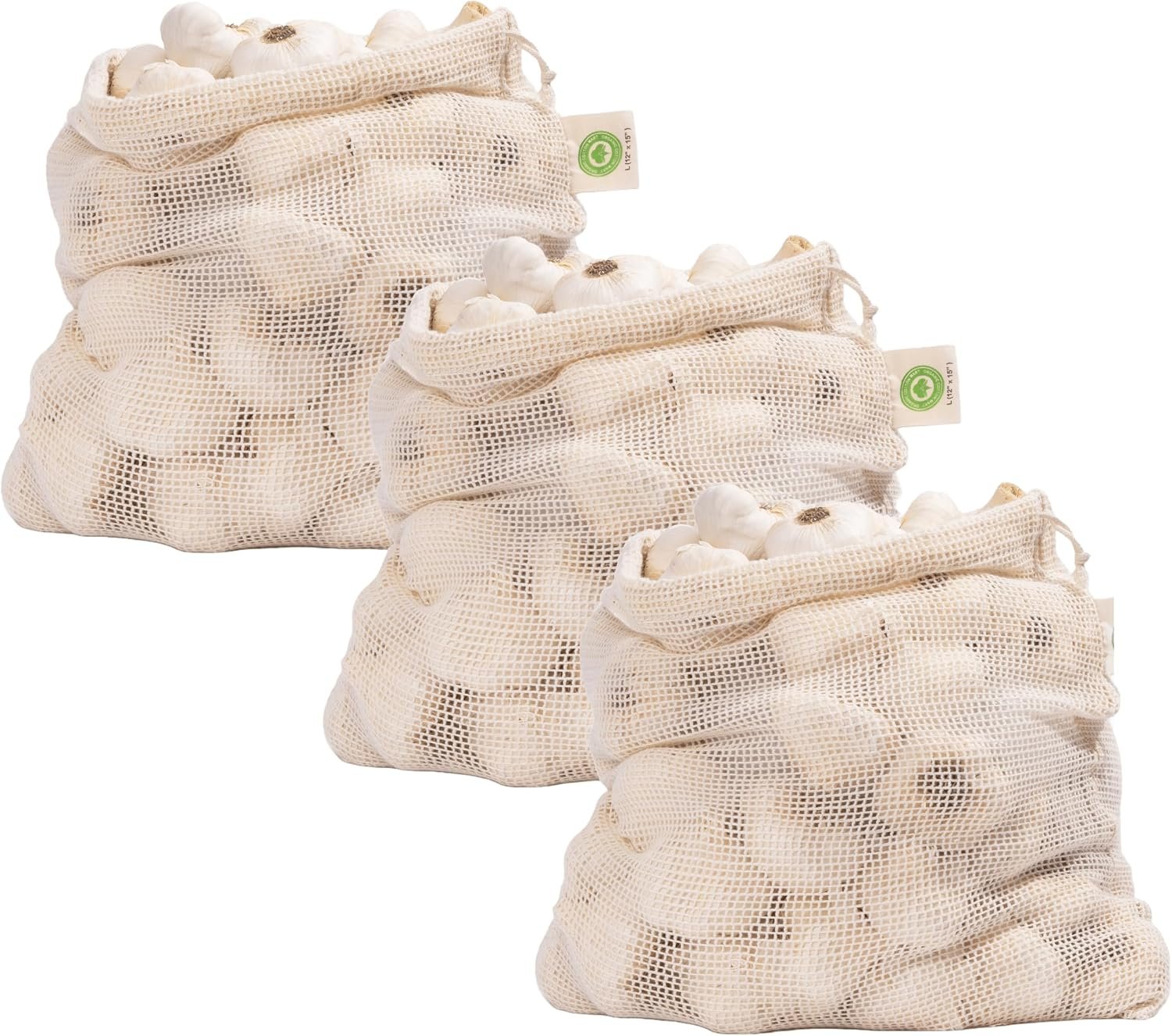 Reusable Garlic Storage Bags – Organic Cotton Garlic Mesh Bags with Drawstring – Washable Garlic Holder Storage – Net Garlic Keeper Sacks – Onion Potato Storage Bags – Root Vegetable Sacks (3 Large)