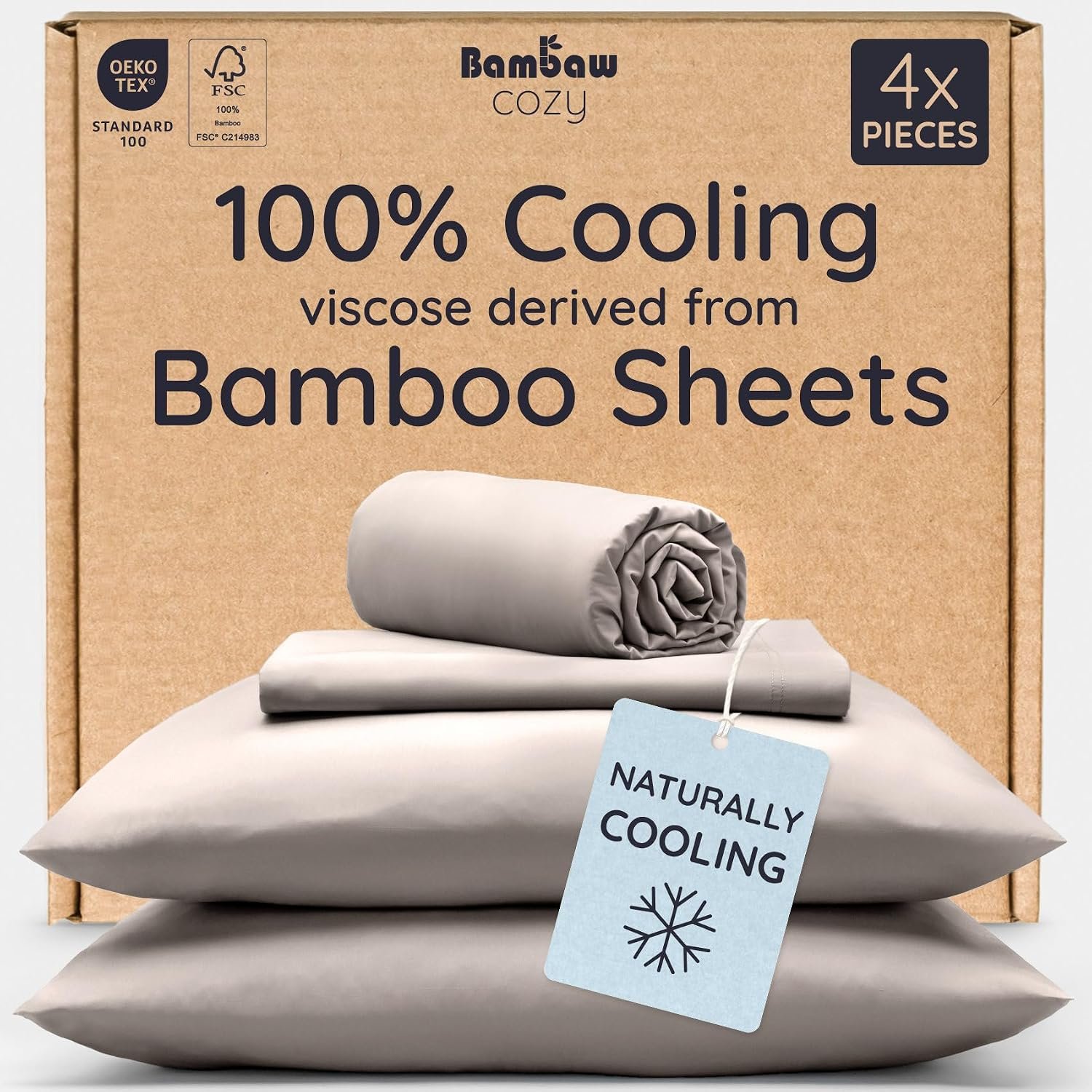 Bambaw 100% Viscose Derived from Bamboo Sheets Queen Size Set – 4pcs Cooling Sheets for Hot Sleepers, Soft Deep Pocket Queen Sheet Set Fits Up to 16” with Elastic Corner Straps (Sand)