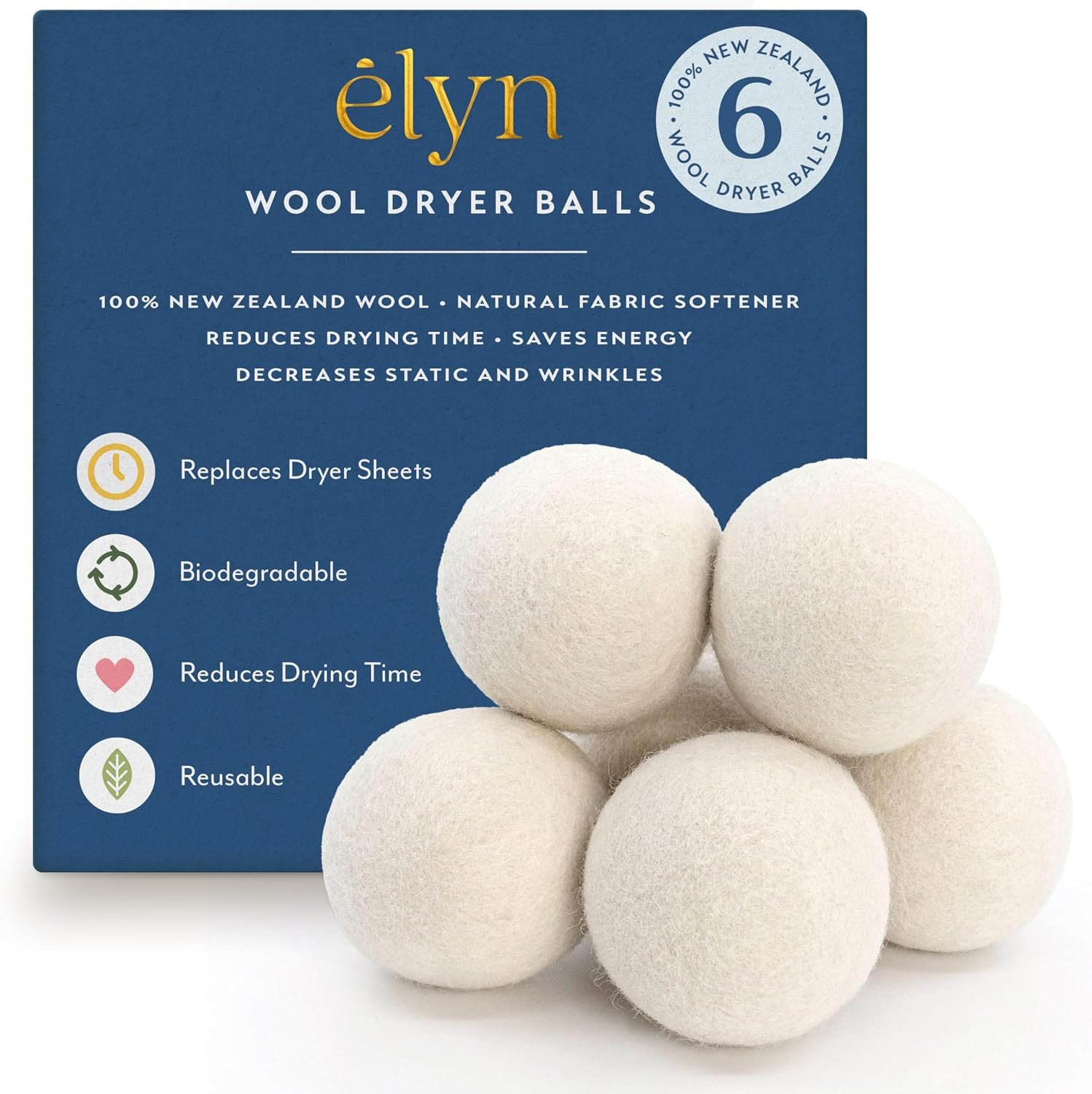 ELYN Wool Dryer Balls 6-Pack – XL, 100% New Zealand Wool, Reusable and Handmade. Fragrance-Free, Natural Fabric Softener, Reduce Wrinkles and Decrease Drying Time (White)