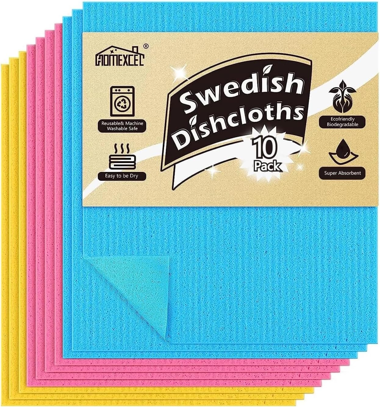 HOMEXCEL 10PK Swedish Dishcloths for Kitchen, Absorbent Dish Cloths, 7x6in