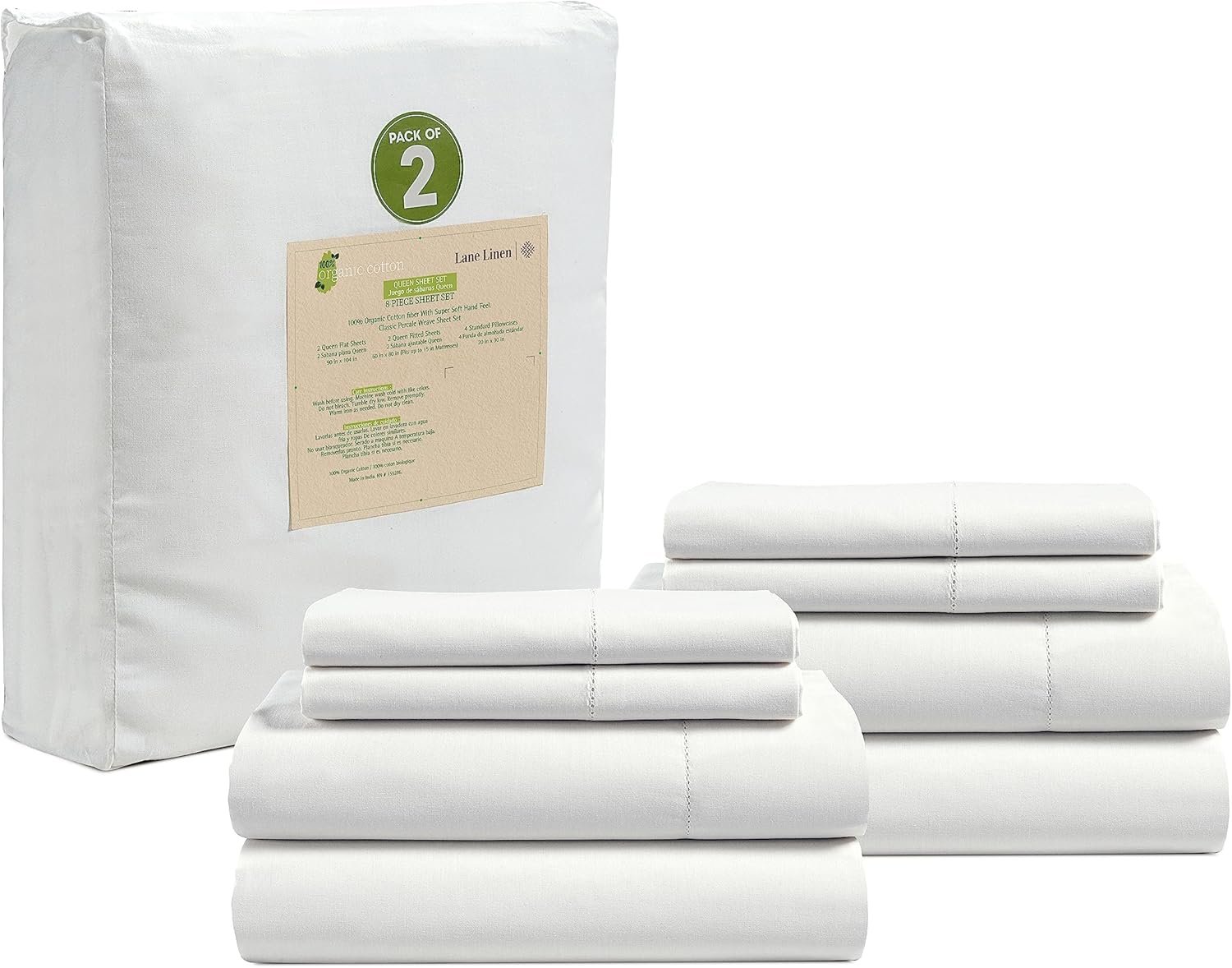 LANE LINEN Queen Sheets 100% Organic Cotton 8pc Percale Cooling – White