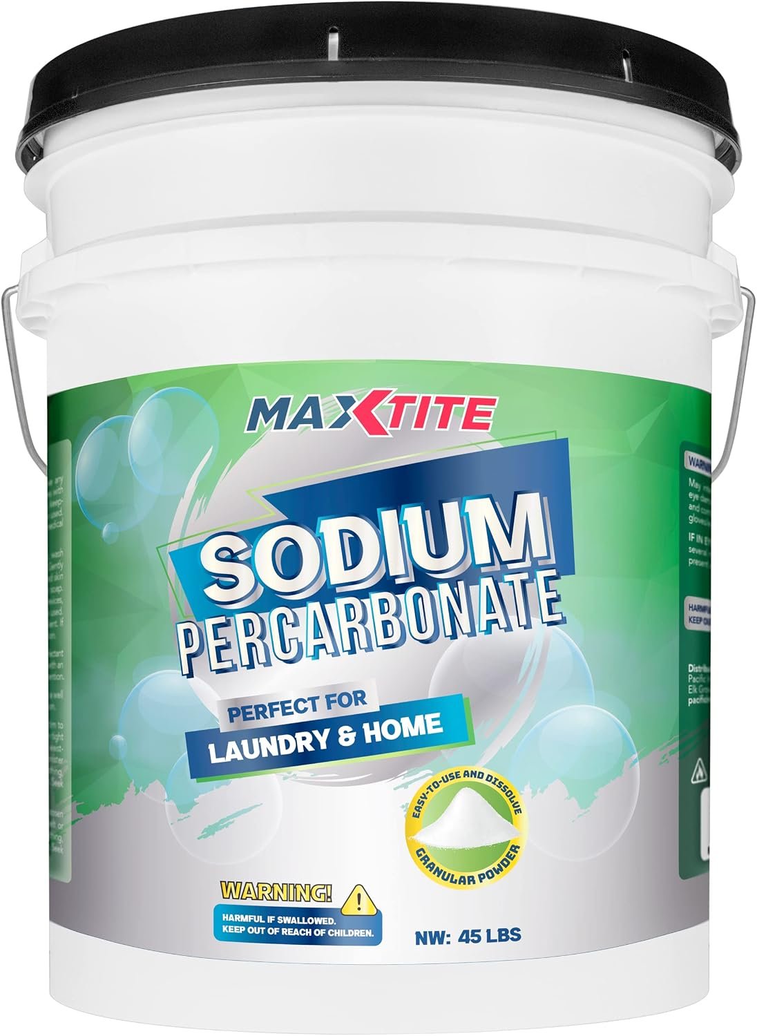MAXTITE Sodium Percarbonate (45 lbs) – 100% Pure – Solid Hydrogen Peroxide/Oxygenated Bleach – Multi-Use Cleaner for Home & Laundry – HDPE container w/ Resealable Child Resistant Cap