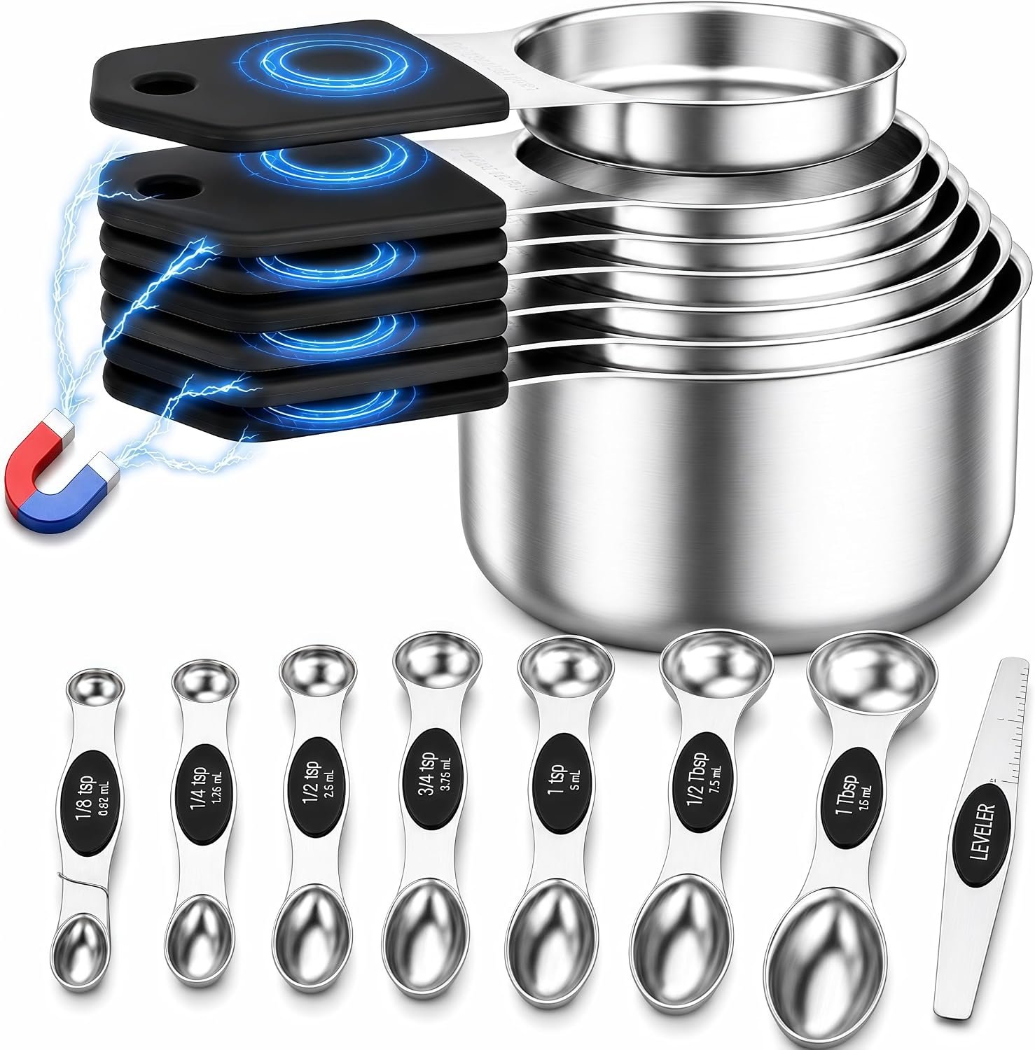 Magnetic Measuring Cups and Spoons Set-Heavy Duty 304 Stainless Steel Cups