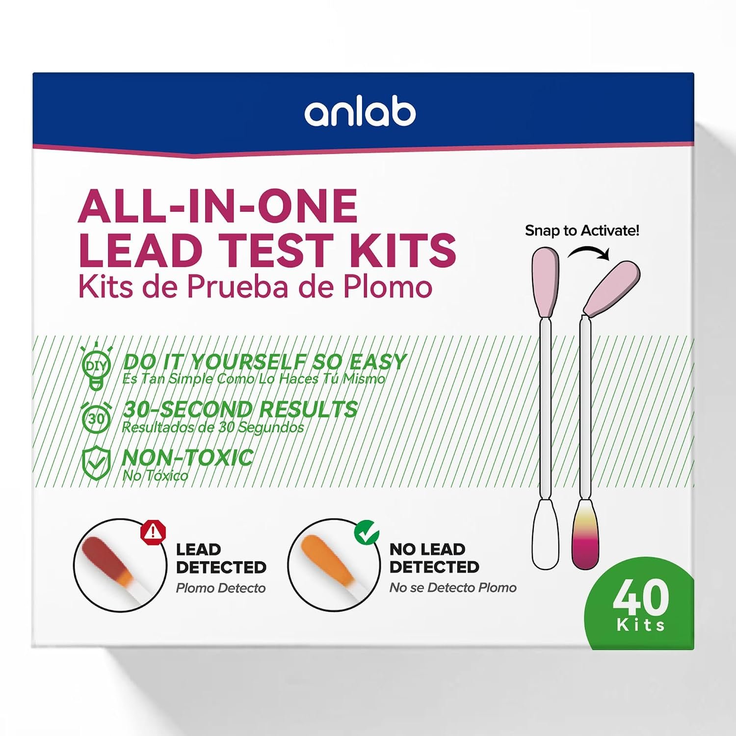 anlab™ Lead Test Kit | Rapid Results in Less Than 30 Seconds | All-in-One, No Vinegar Needed | Check Lead in Painted Surfaces, Wood, Metal & More | Disposable Cotton Swabs – (40 Count)