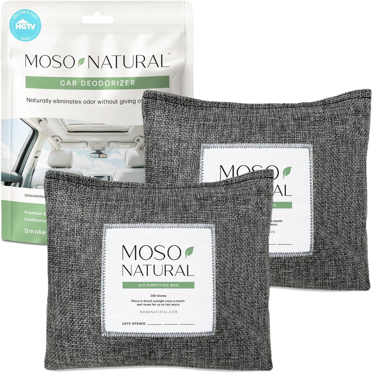 Moso Natural Car Odor Eliminator & Charcoal Odor Absorber (2 Pack) Bamboo Charcoal Air Purifying Bag for Cars, Trucks, SUVs, RVs & Boats — Unscented Deodorizer, Lasts 2 Years, HGTV Editors’ Pick