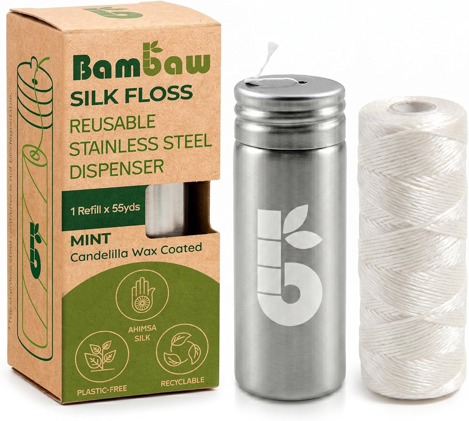 Natural Silk Dental Floss | Candelilla Wax Tooth Floss | Natural Dental Tape | Plastic Free Dental Floss | Eco Floss | Stainless Steel Dispenser | Zero Waste Floss | Silk Floss Mint | 55 yd | Bambaw