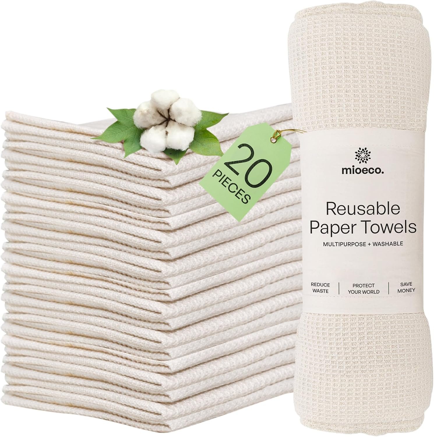 mioeco 20 Pack Reusable Kitchen Paper Towels, Organic Dish Cloths