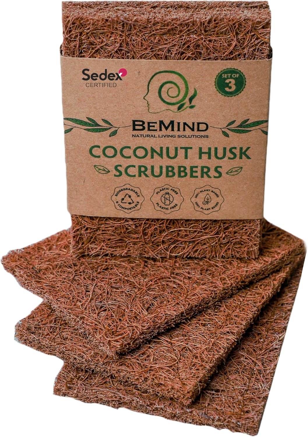 Coconut Husk Scrubber(3) Compostable Eco-Friendly Scouring Pads for Dishes| Biodegradable Natural Coir Scrub Pad| Non-Scratch