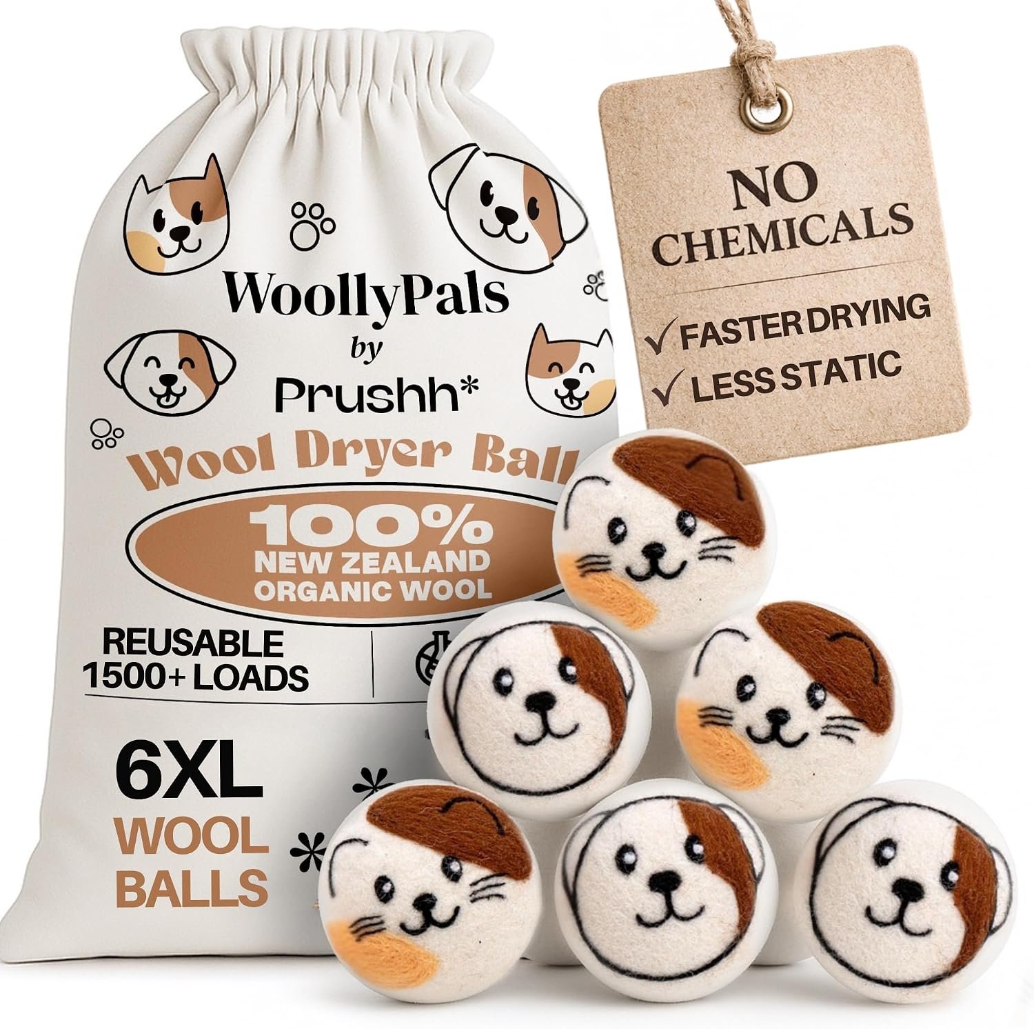 WoollyPals Wool Dryer Balls (6-Pack, XL Size)- 100% New Zealand Organic Wool – Sustainable & Eco-Friendly – Dry 1,000 Loads, Replaces Dryer Sheets, Reduces Static Cling, Reusable (Multi Colour)