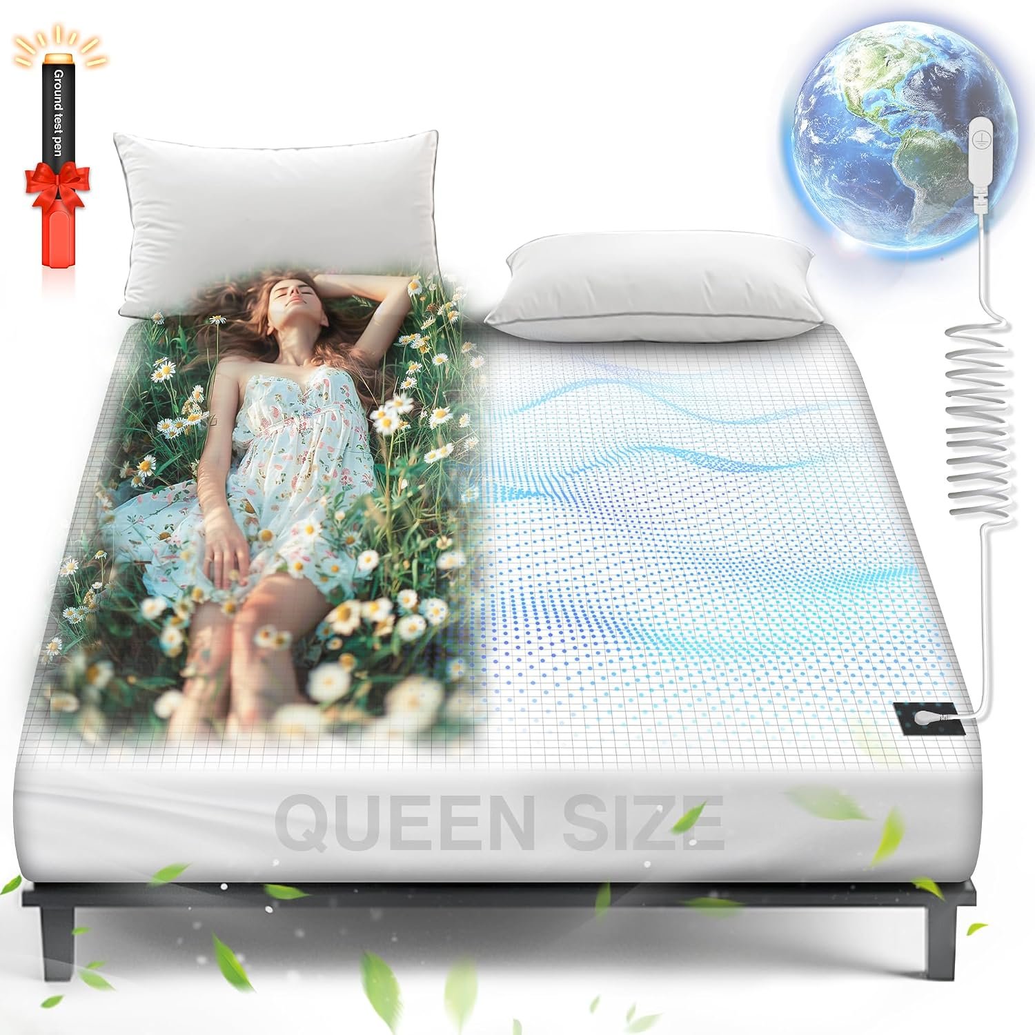 Grounding Sheets Queen, 95% Organic Cotton+ 5% Pure Silver Fiber, Grounded Sheets with Grounding Cord, Bed Grounding Kit for Healthy Sleep Therapy [White 60″x 80″x 13″-Queen]