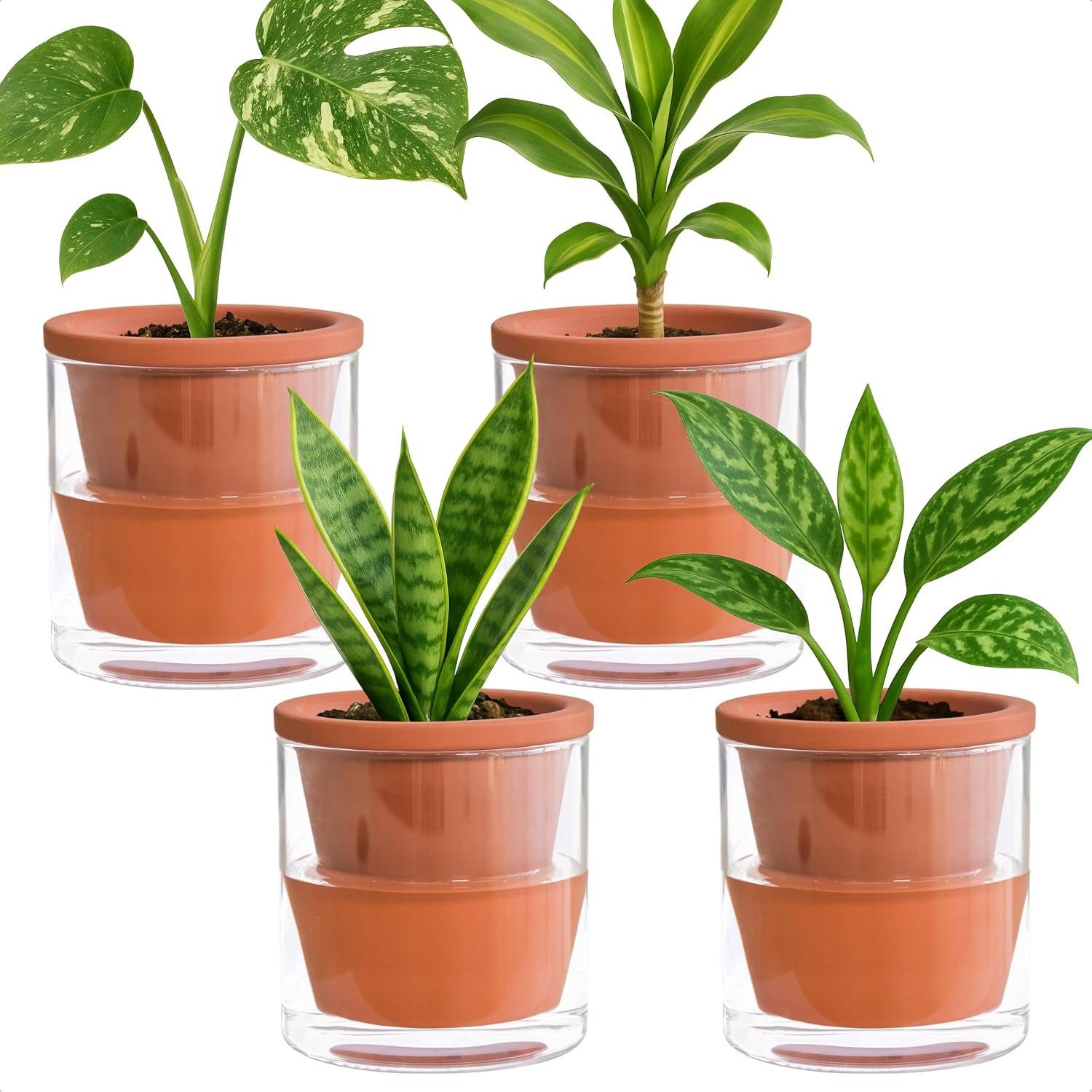 D’vine Dev Self Watering Terracotta Planter Pot, 4 in, 4-Pack, 37-Z-A-1-F